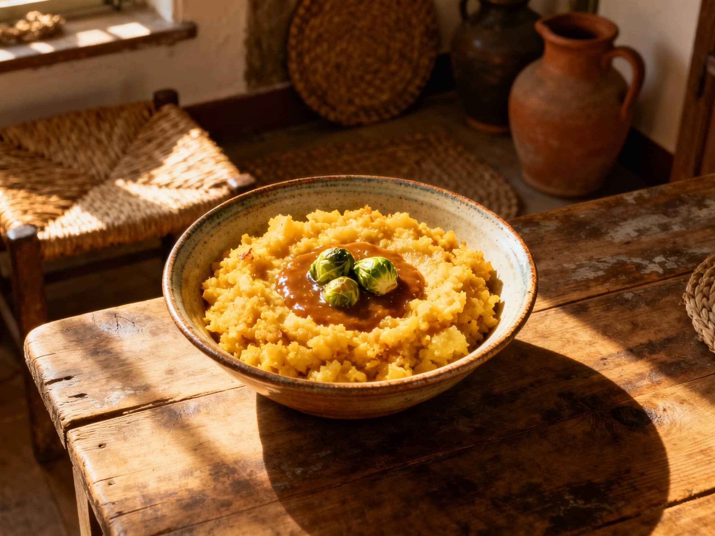 A generous serving of golden-brown Stoemp, a rustic mashed potato and vegetable dish, presented in a vintage ceramic bowl. A dollop of rich gravy or a Brussels sprout topping nestles invitingly in the center. The bowl sits on a weathered wooden table, bathed in the warm, inviting glow of a late afternoon sunbeam. In the background, a glimpse of a traditional Belgian farmhouse kitchen, with woven placemats and earthenware jugs, adds to the authentic atmosphere. The viewpoint is slightly overhead, highlighting the comforting texture and appealing colors of the Stoemp.