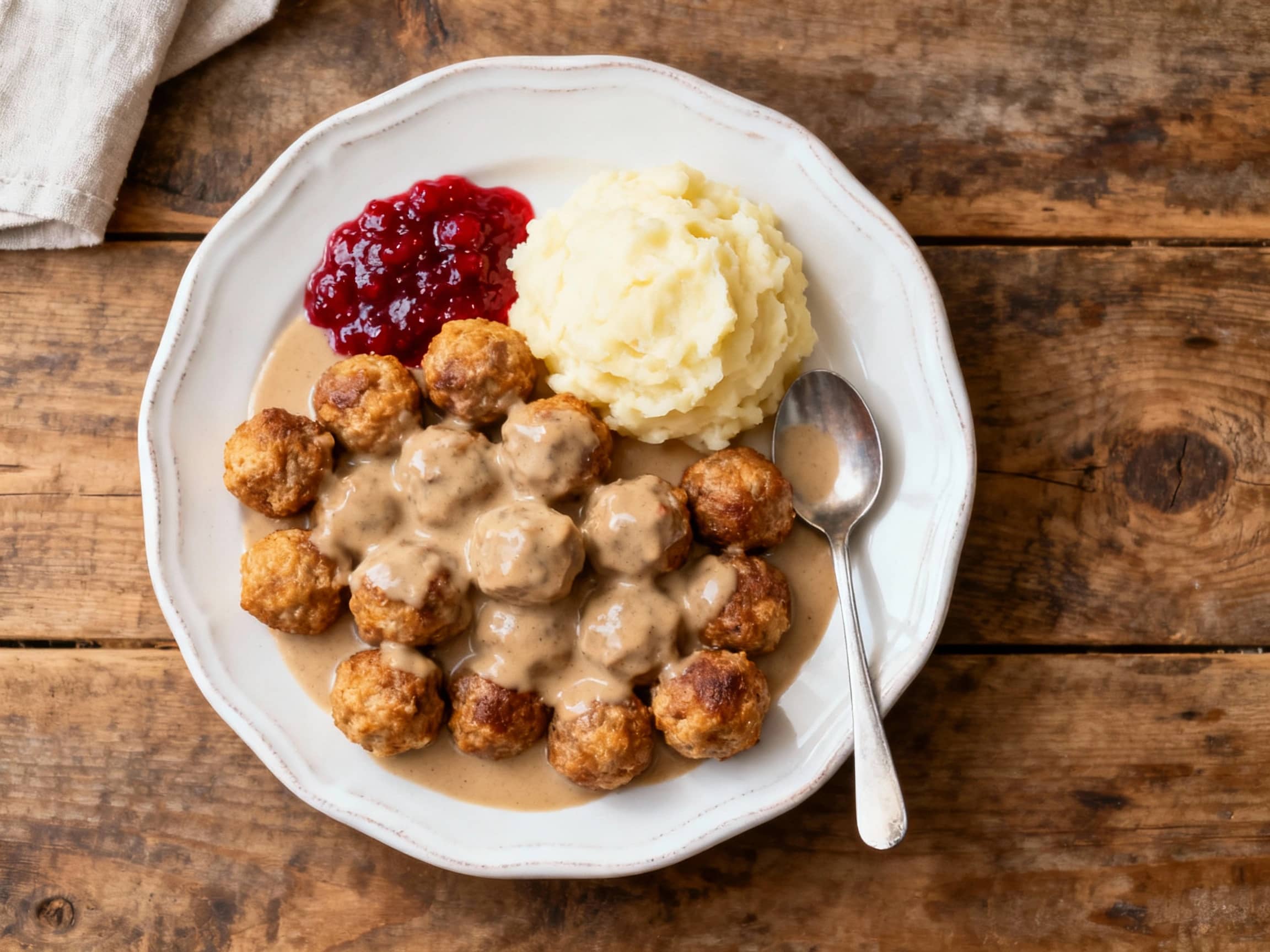 Overhead view of a rustic wooden table set with a traditional Swedish Meatball dish. The plate features numerous small, golden-brown meatballs, generously coated in a creamy, pale brown gravy. A dollop of vibrant red lingonberry jam sits on the side of the plate. Alongside, a mound of fluffy mashed potatoes. The scene is lit by warm, soft, natural light, creating a cozy and inviting atmosphere typical of Scandinavian home dining. A simple, white ceramic plate and a small spoon for the jam complete the authentic presentation.