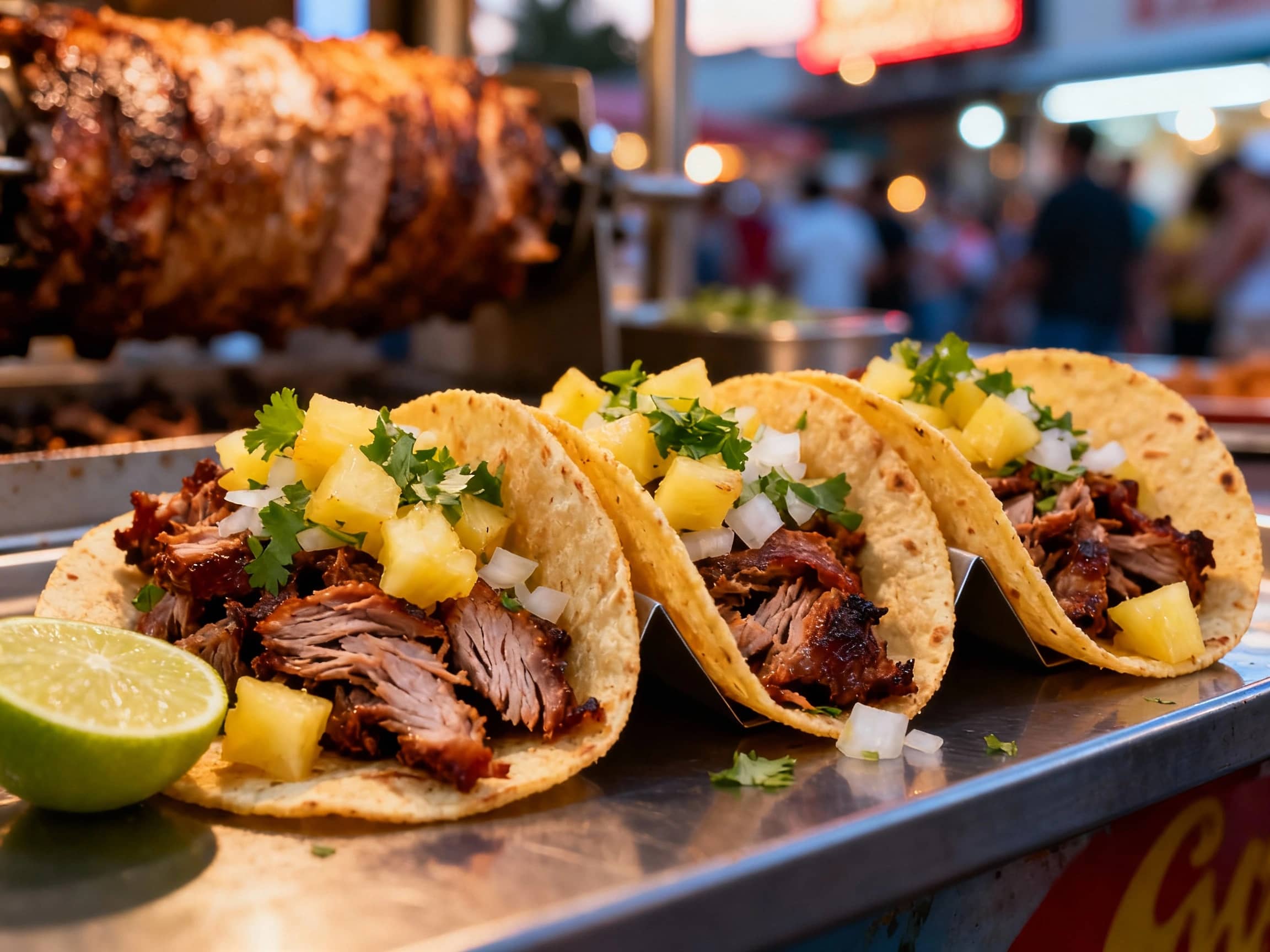 A close-up shot of Tacos al Pastor on a vibrant street food stall, featuring freshly shaved, marinated pork from a trompo in warm corn tortillas, topped with finely diced pineapple, onion, and cilantro, with a squeeze of lime, in a dynamic, high-energy setting with blurred background street activity and warm evening light.