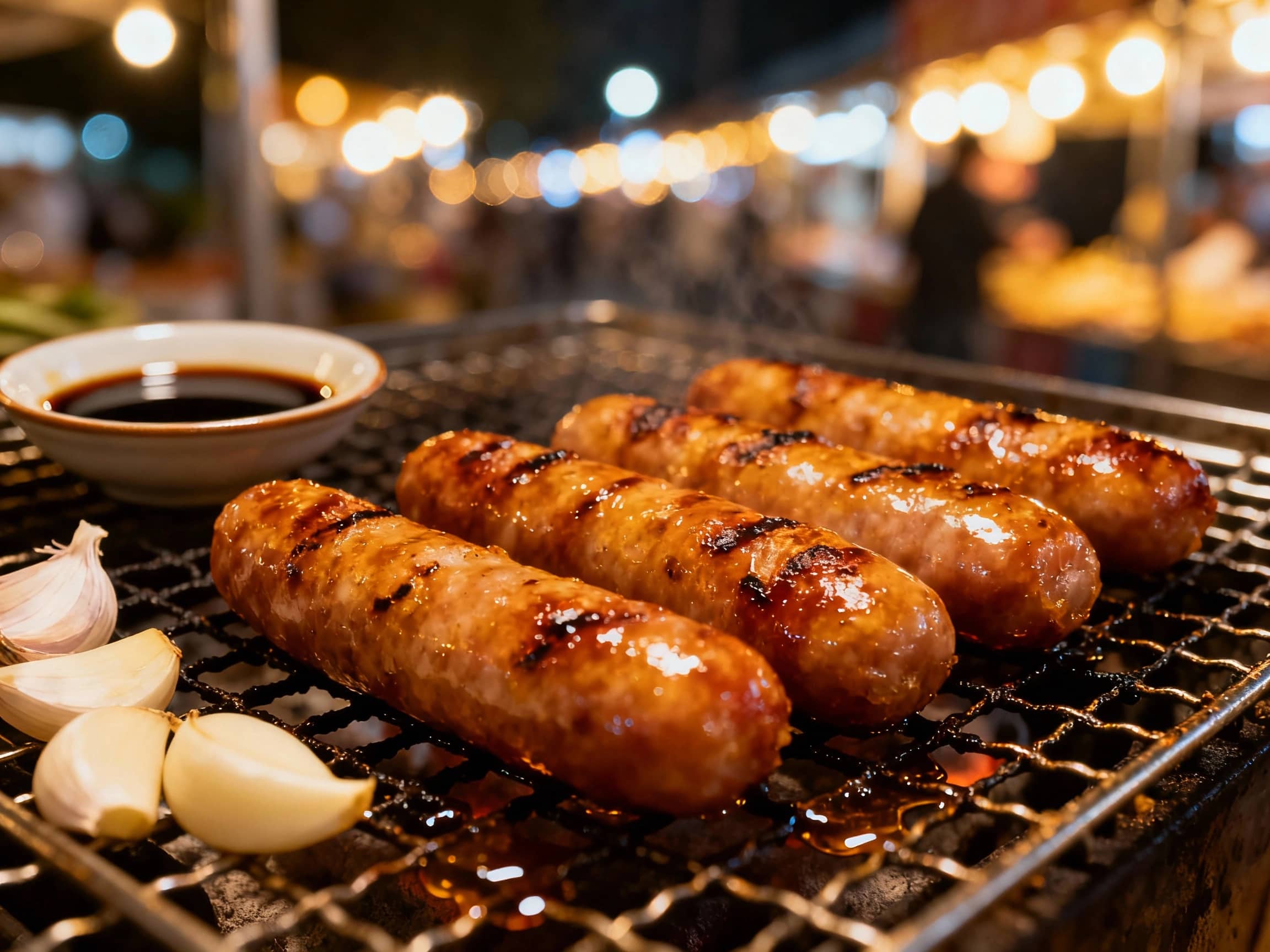 A close-up, angled shot of several grilled Taiwanese sausages sizzling on a metal grate. The sausages are plump and have a glistening, slightly caramelized exterior. Small grill marks are visible, and some juices are collecting on the grate. To the side, a few sliced raw garlic cloves and a small dipping bowl with soy sauce are arranged artistically. The background suggests an outdoor night market setting with blurred warm lights. The overall mood is appetizing and authentic.