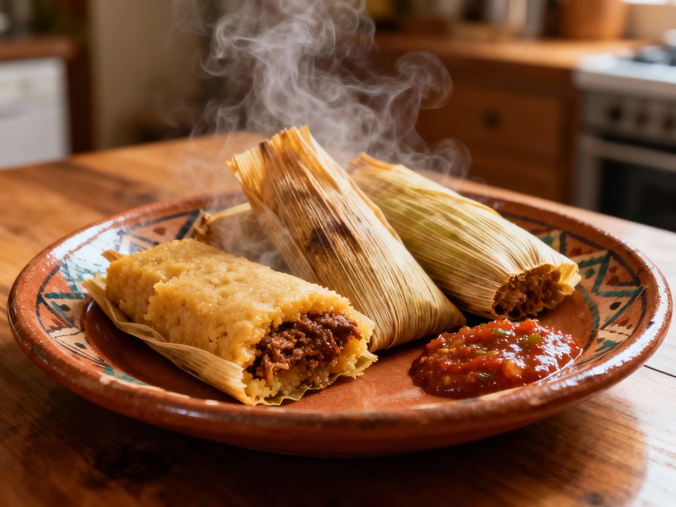 A steaming plate of traditional Mexican Tamales, some wrapped in corn husks, others unwrapped revealing their masa and rich filling, perhaps with a dollop of salsa on the side. The scene is set on a traditional Mexican ceramic plate on a wooden table, with hints of a warm, inviting kitchen in the soft-focus background. The light is soft and warm, capturing the steam rising from the hot tamales. Shot from an eye-level, close-up perspective.