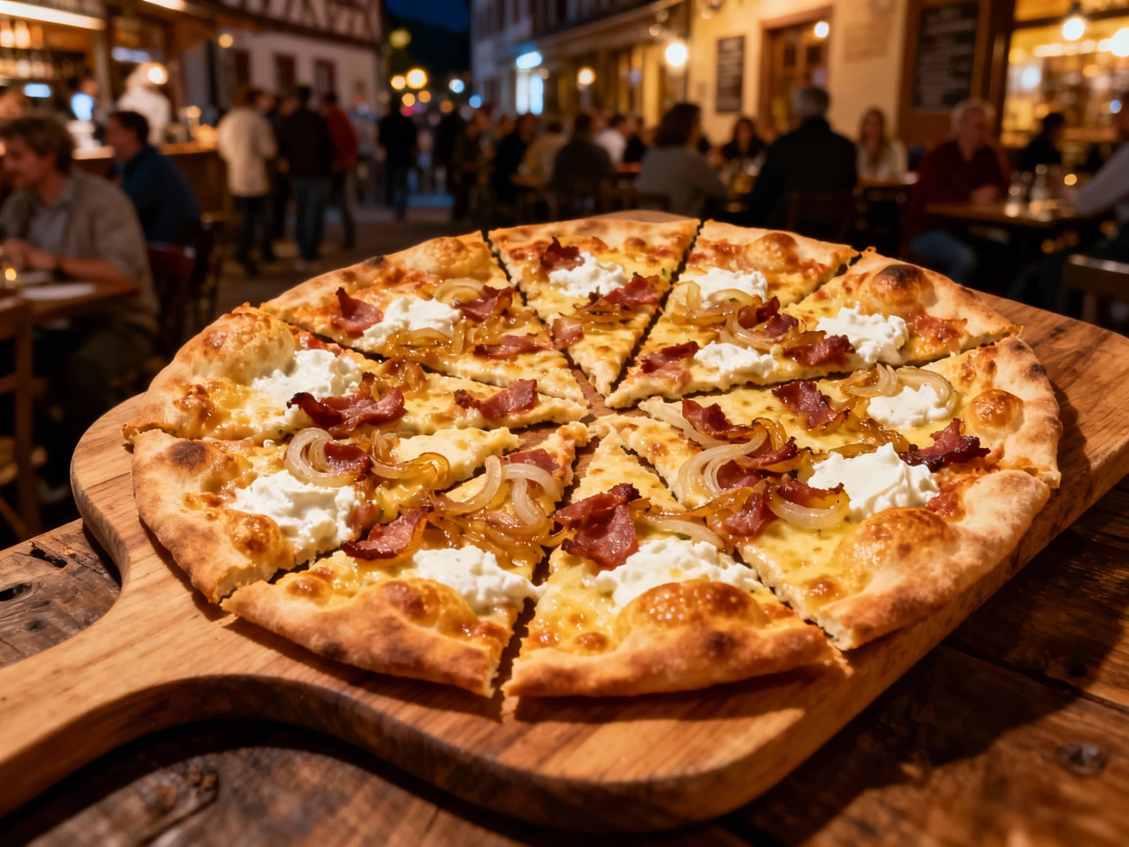 A freshly baked Tarte Flambée, golden and crisp, served on a large wooden paddle or rectangular board. The thin crust is visibly bubbly, topped with melted crème fraîche, caramelized onions, and crispy lardons. It's cut into irregular slices, ready for sharing, against a rustic background of a busy Alsatian bistro, with soft, warm lighting suggesting a bustling evening, viewed from an inviting, slightly overhead angle emphasizing its communal nature.