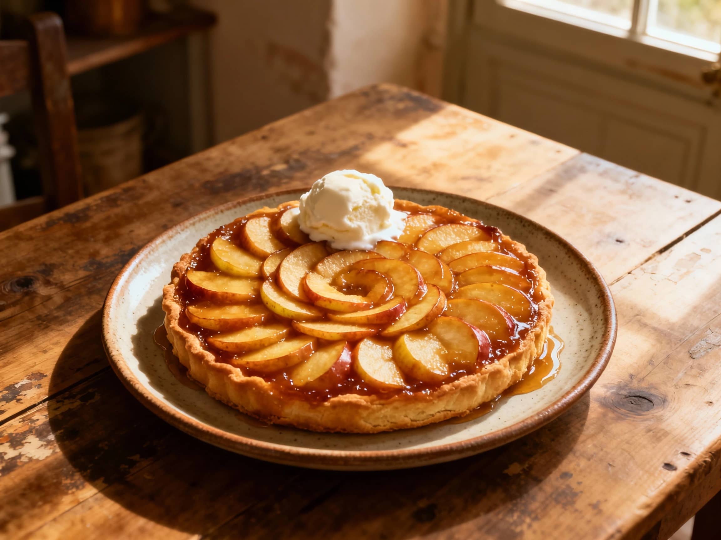 A warm, golden-brown Tarte Tatin, freshly inverted, showcasing perfectly caramelized apple slices arranged in a beautiful concentric pattern, sitting atop a crisp, buttery pastry crust. A dollop of crème fraîche or vanilla ice cream melts delicately on the side. The tart is on a rustic ceramic plate, placed on a worn wooden table in a cozy French country kitchen, with natural light from a window creating a warm glow. Overhead shot, inviting and rich in texture.