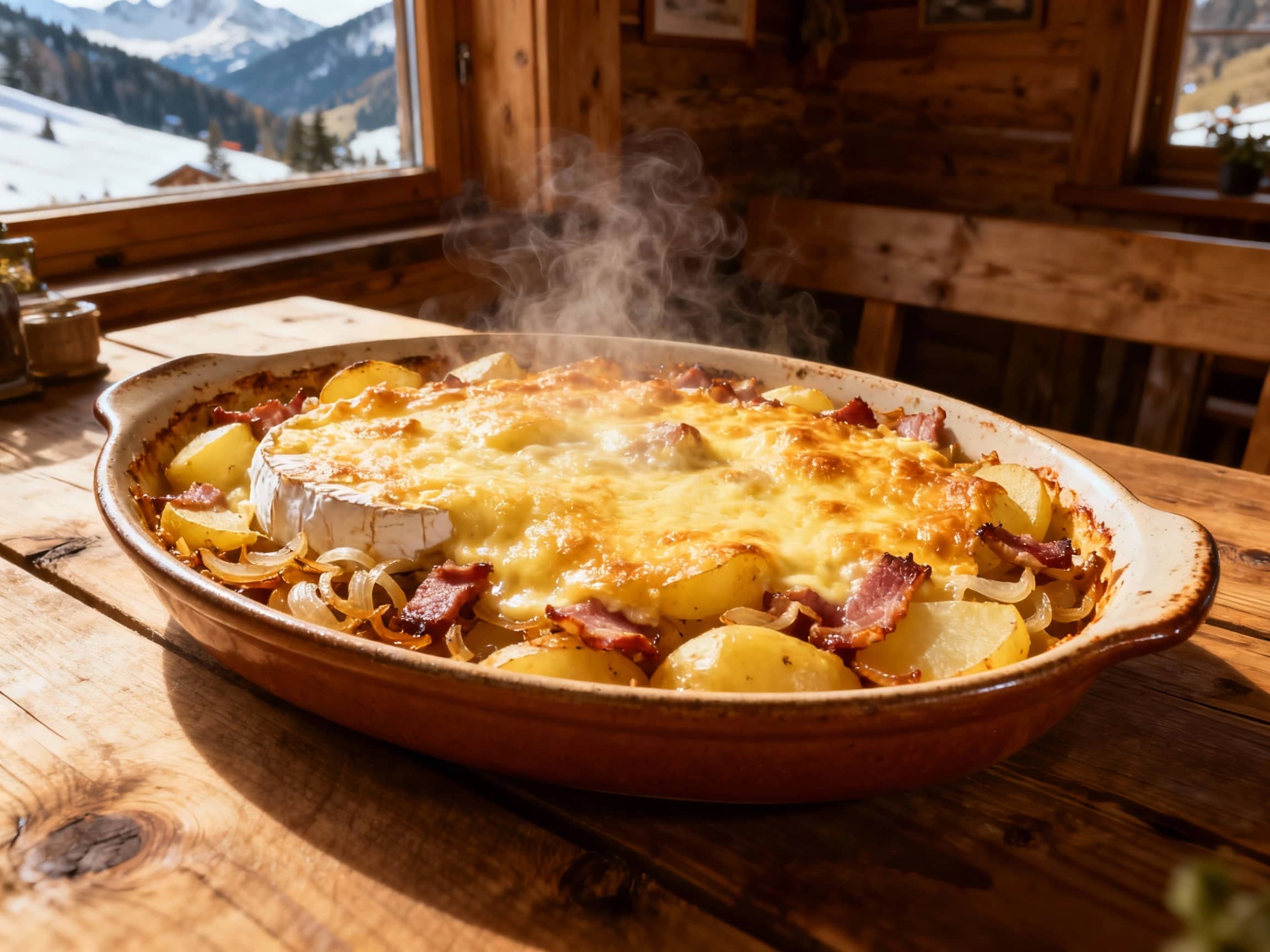 A bubbling Tartiflette in a traditional oval gratin dish, showcasing a golden, bubbly Reblochon cheese crust over tender potatoes, crisp lardons, and caramelized onions, with steam gently rising. Photographed from an overhead angle, set on a rustic wooden table in an alpine chalet setting, with warm, inviting light.