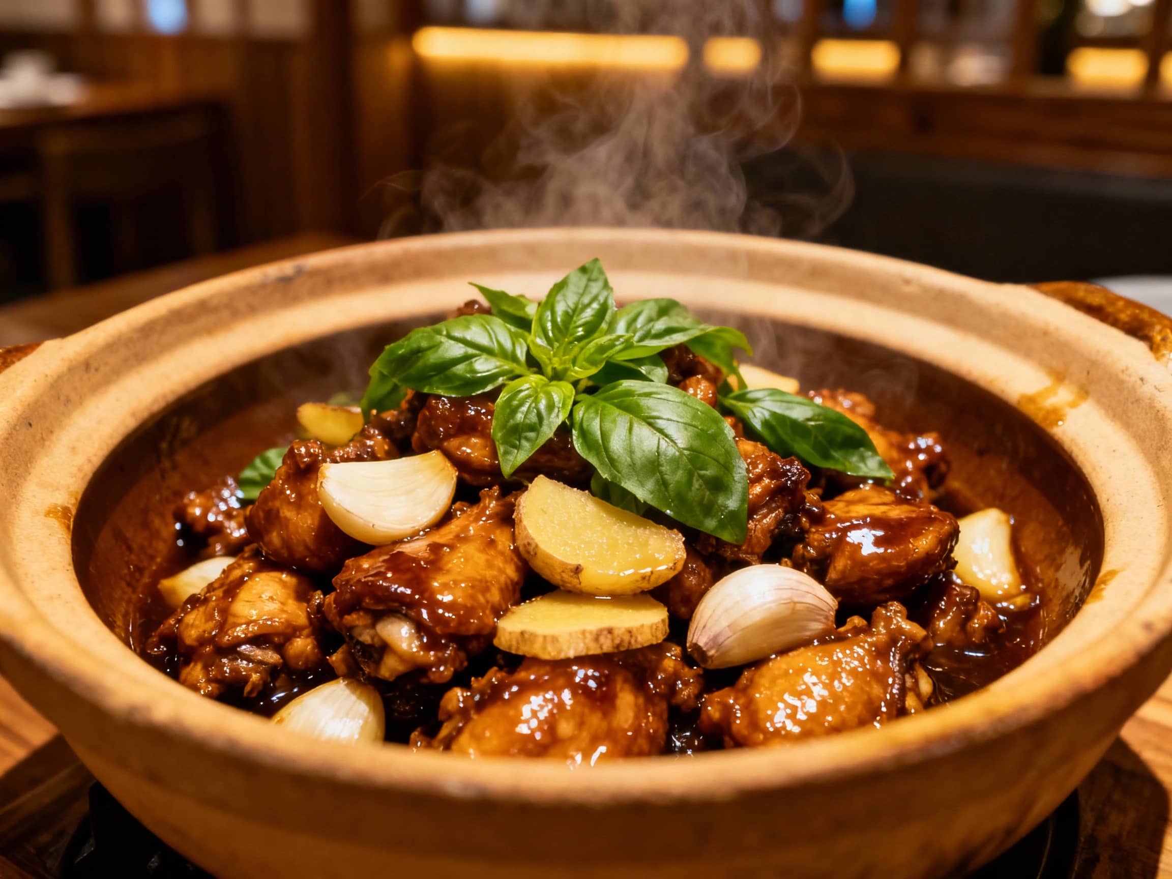 A close-up shot of Taiwanese Three Cup Chicken (San Bei Ji) served sizzling in a traditional clay pot. Dark, glistening chicken pieces are tossed with large cloves of garlic, slices of ginger, and abundant fresh green basil leaves. The sauce is thick and caramelized, coating every piece. Steam rises invitingly from the pot. The background is a dimly lit restaurant setting, perhaps with soft wooden accents. Warm, focused lighting highlights the dish.