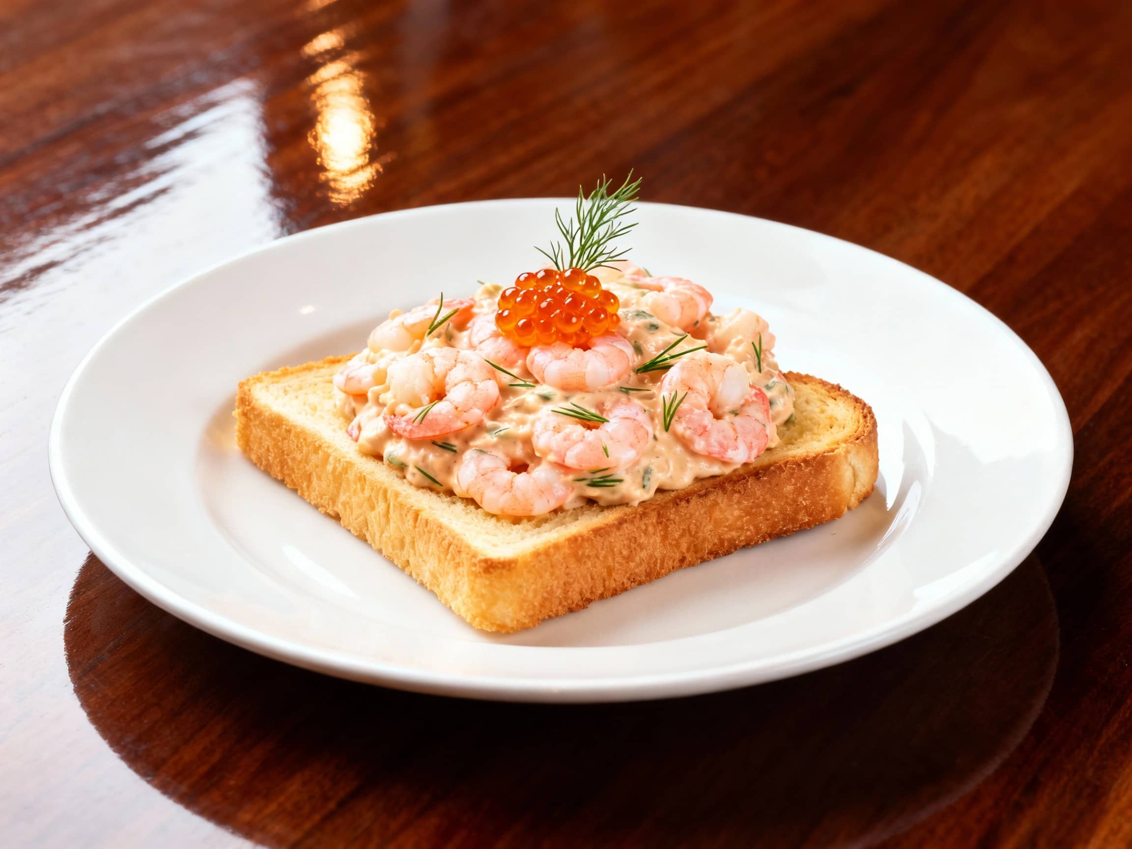 A high-angle shot of Toast Skagen presented on a crisp white plate, resting on a polished dark wood surface. A thick slice of golden-brown toasted bread is generously mounded with a warm, creamy mixture of pink shrimp, flecked with green dill. A small spoonful of glistening orange trout roe is perched atop the shrimp mixture, and a delicate dill sprig garnishes the creation. The lighting is bright and clean, highlighting the textures and colors, with a slight reflection on the wood surface. The atmosphere is sophisticated yet inviting, typical of a modern bistro.
