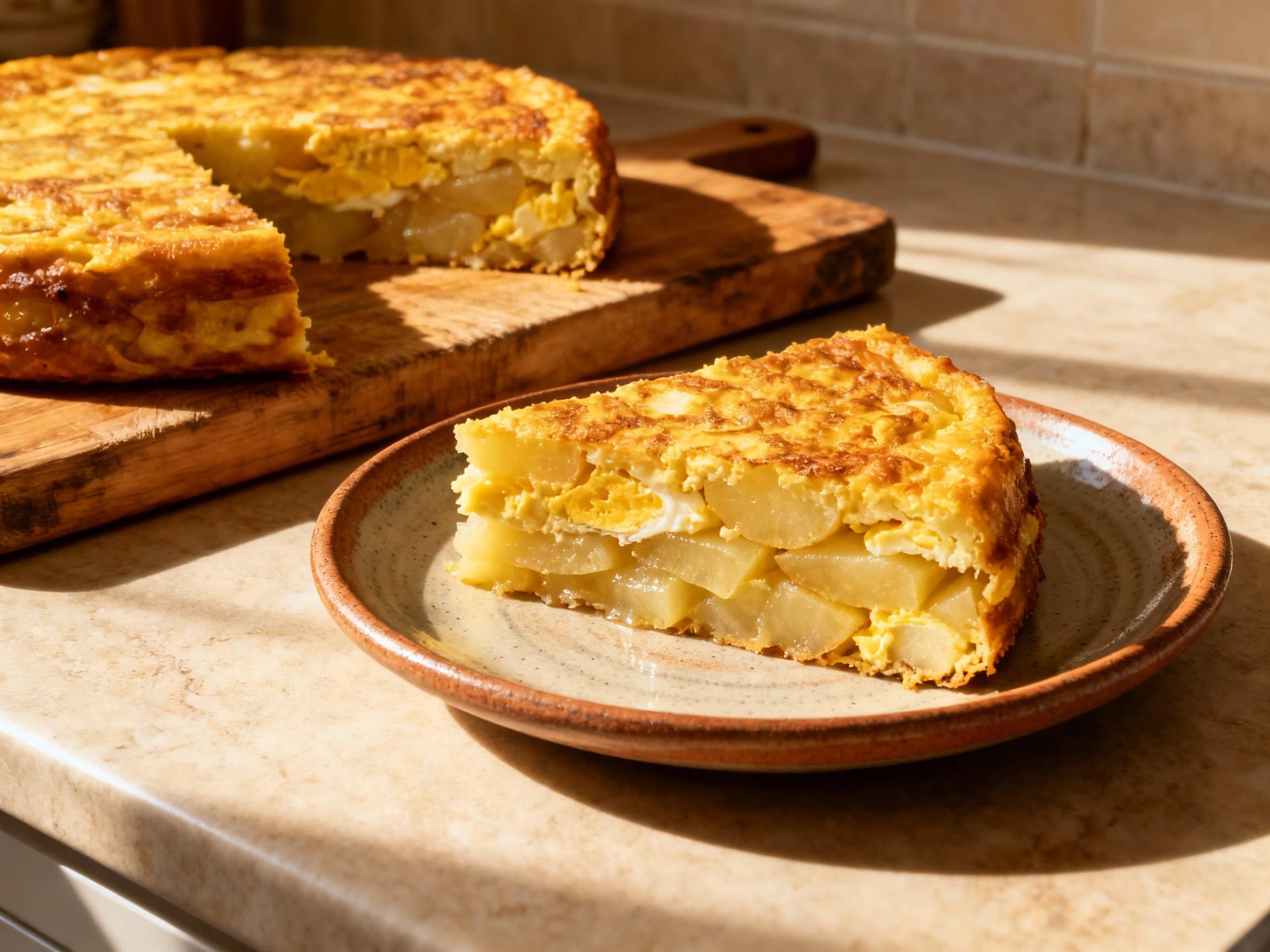 A golden-brown slice of Tortilla Española, showcasing its thick, layered interior of potatoes and eggs, is presented on a rustic ceramic plate. The slice is cut from a larger, round tortilla, revealing its moist texture. The setting is a sunlit Spanish kitchen counter, with a well-used wooden cutting board nearby. The viewpoint is at a slight angle, highlighting the satisfying thickness and homemade quality of the tortilla, evoking a sense of comforting authenticity. The atmosphere is domestic and inviting.