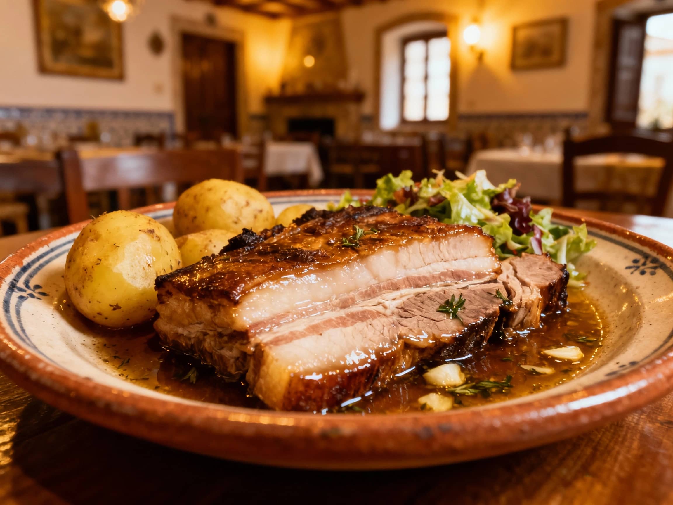 A generous serving of Toucinho à Moda do Minho, showcasing thick slices of tender, slow-braised pork belly with visible layers of fat and meat. The pieces are glistening from the braising liquid, which has hints of herbs and garlic. The dish is presented on a rustic, ceramic plate, possibly accompanied by simple boiled potatoes or a rustic side salad. The background suggests a cozy, traditional Portuguese dining room with warm lighting. Eye-level view, emphasizing the texture and richness of the pork.