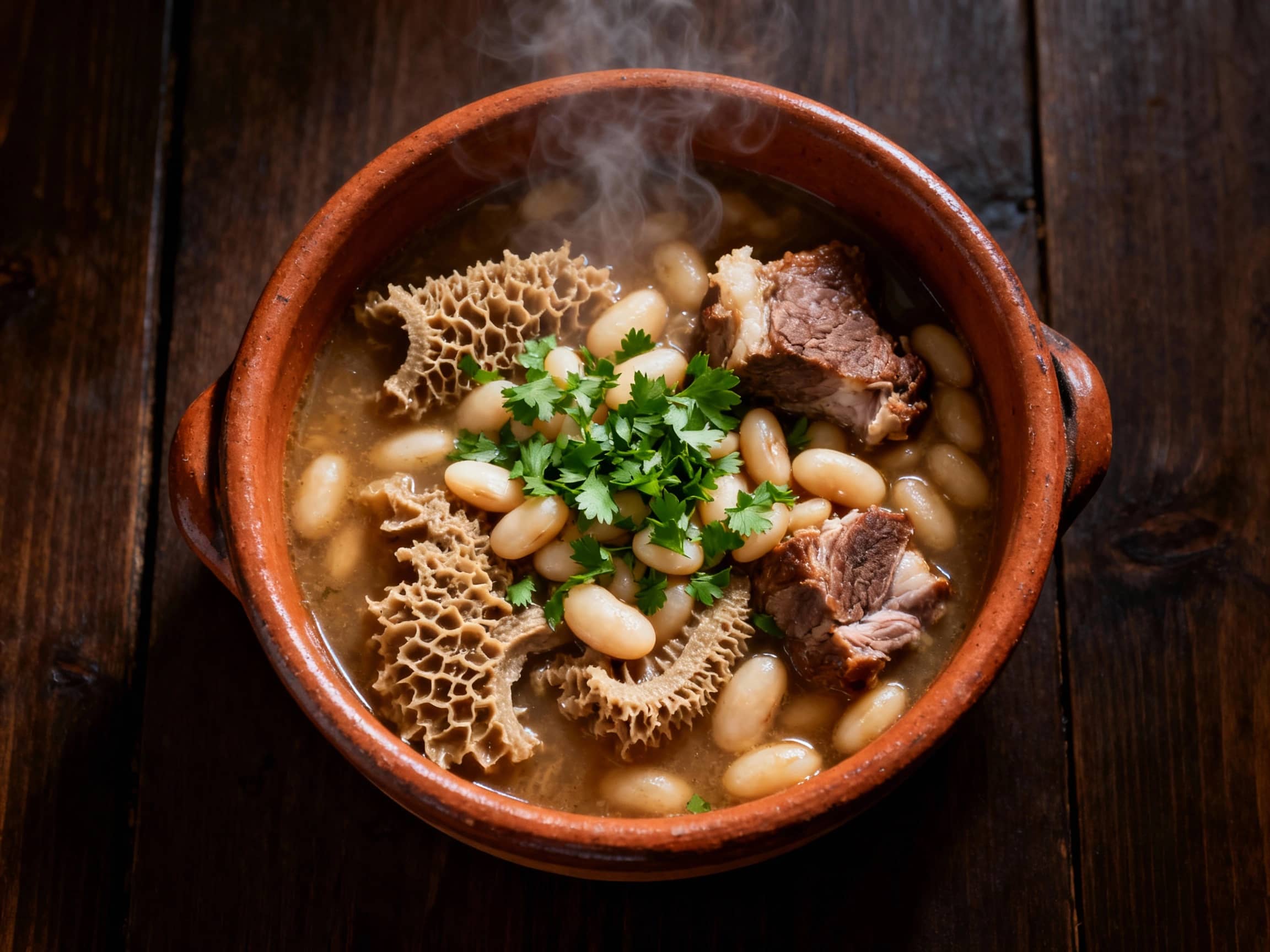 A steaming bowl of Tripas à Moda do Porto, rich with tender tripe, white beans, and pieces of succulent pork, served in a rustic earthenware bowl. The stew is topped with chopped fresh parsley. The setting is a traditional Portuguese tavern, with a dark wood table and soft ambient light, creating a cozy and authentic atmosphere. Overhead shot emphasizing the hearty texture.