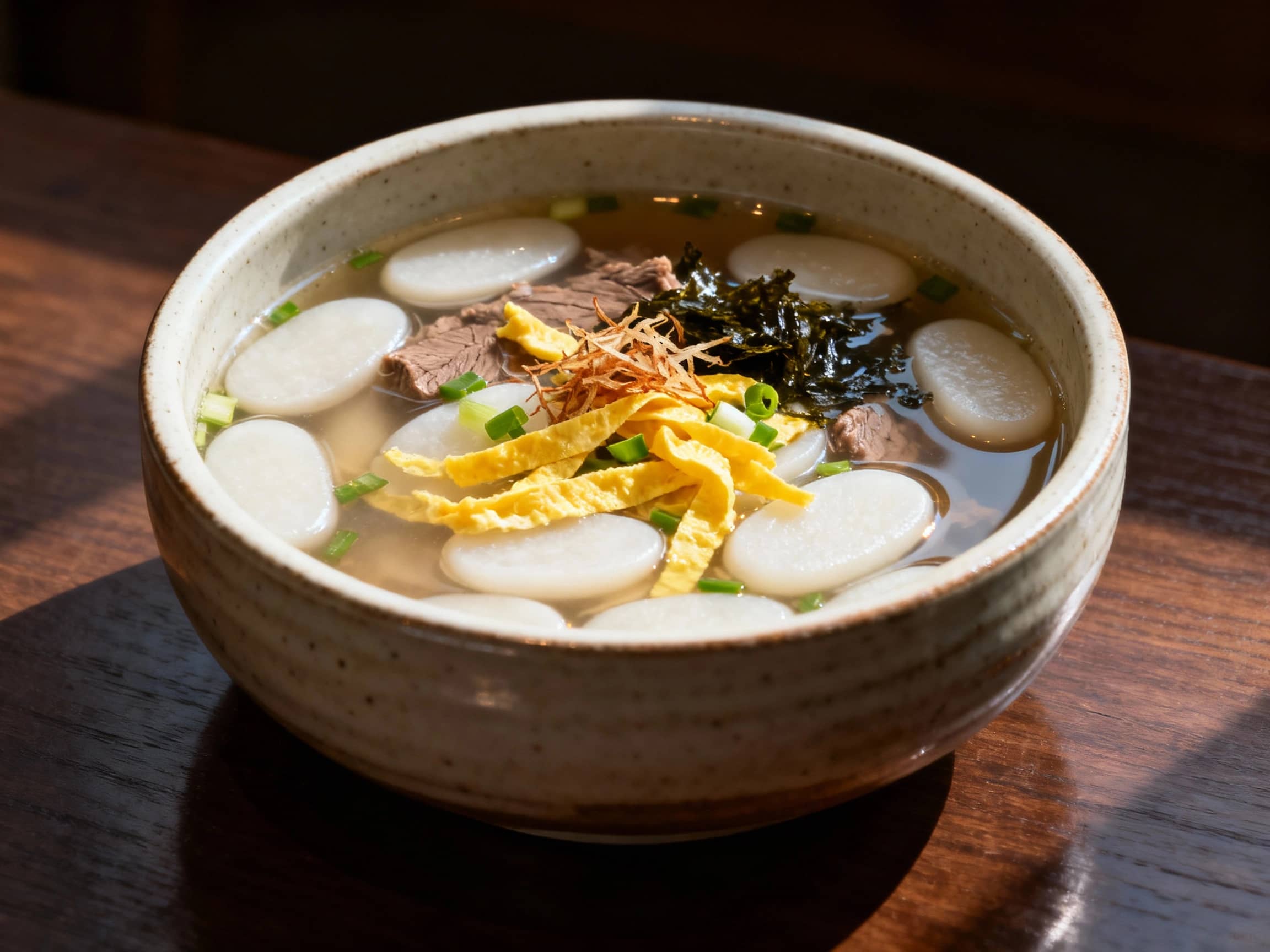 A bowl of Tteokguk, thin oval white rice cakes in a clear beef broth, garnished with golden-yellow egg strips (jidan), green onions, and shredded gim (seaweed), served in a traditional Korean ceramic bowl on a dark wooden table. The setting is warm and inviting, with soft natural light coming from the side, reflecting gently off the soup. The view is eye-level, slightly overhead.