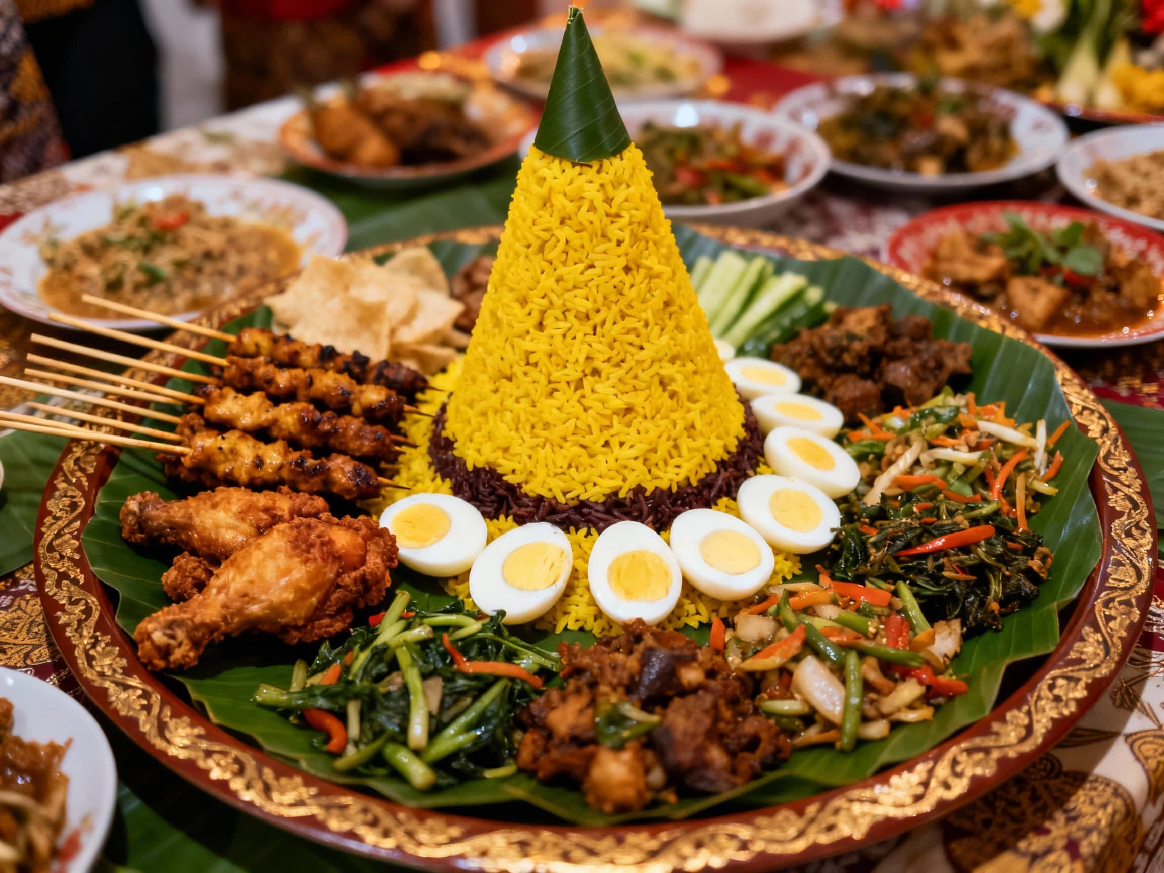 A majestic Tumpeng served at the center of a celebratory feast, viewed from a slightly high angle. The vibrant yellow, turmeric-infused rice forms a perfect, tall cone, adorned with meticulously arranged side dishes like satay skewers, fried chicken pieces, boiled eggs, and various vegetable stir-fries. The surrounding table is laden with other Indonesian dishes, suggesting a significant event. Warm, festive lighting enhances the celebratory atmosphere. The presentation is on a large, ornate platter, emphasizing its status as a centerpiece.
