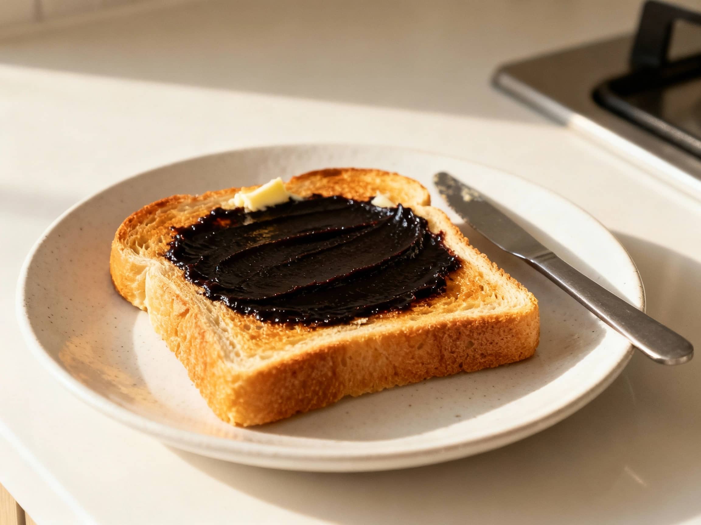 A slice of golden-brown toasted sourdough bread, generously buttered and then expertly spread with a very thin, even layer of dark Vegemite. Served on a white ceramic plate with a small knife, minimalist kitchen background, soft morning light.