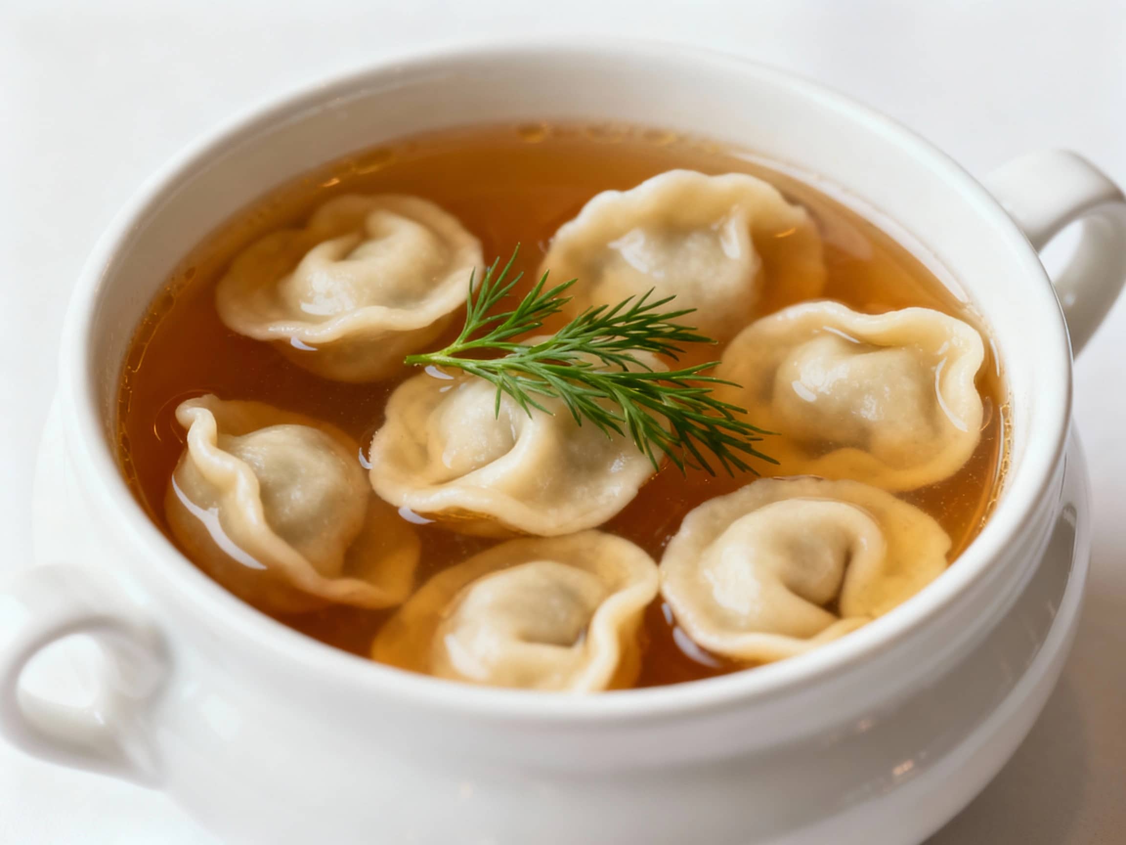 A small white ceramic bowl filled with clear, amber-colored borscht, with several perfectly formed Vushka (ear-shaped dumplings) floating in it, garnished with a sprig of fresh dill, simple, elegant, traditional setting, soft ambient lighting, close-up shot.