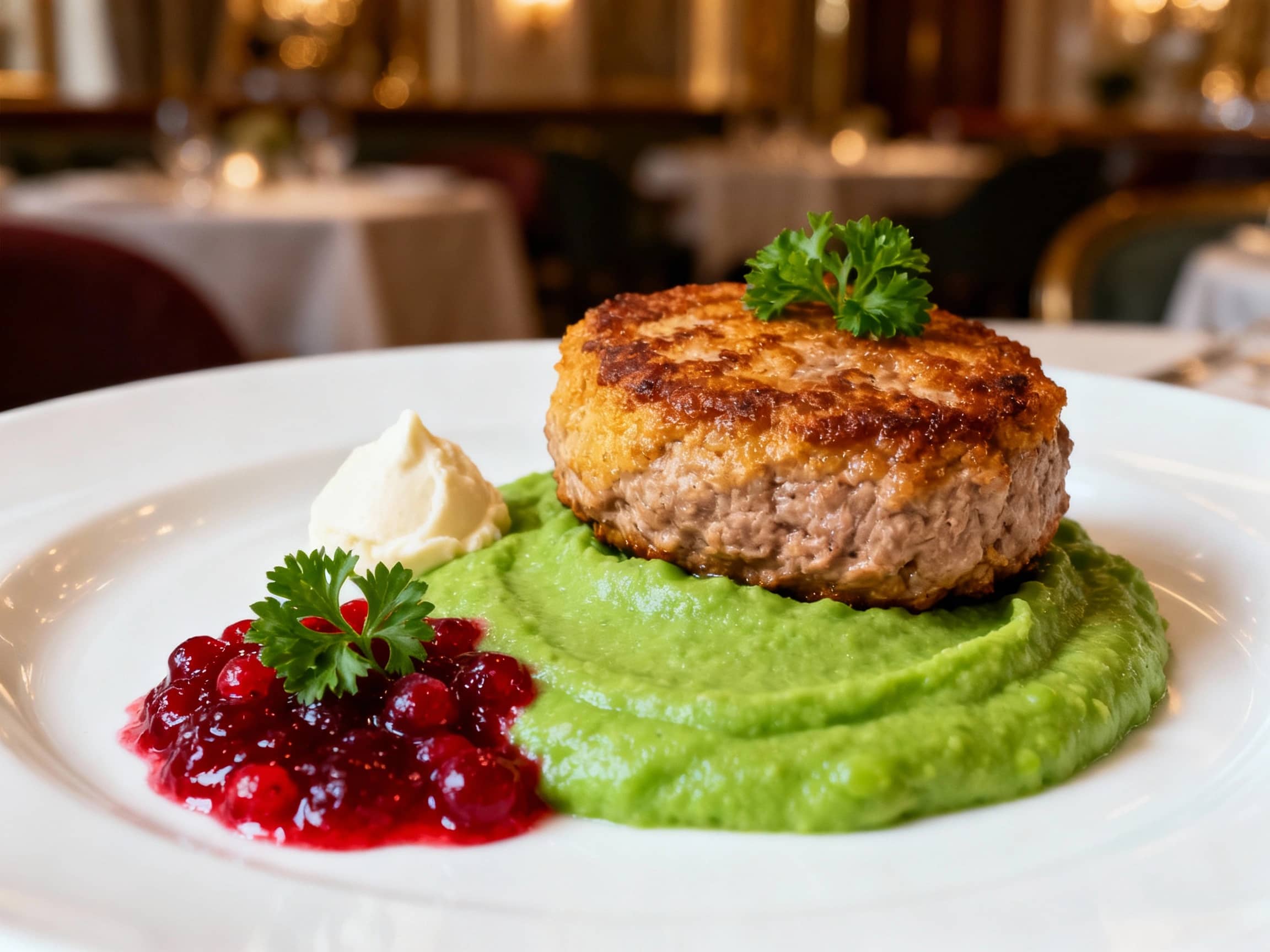 A beautifully plated Wallenbergare on a white porcelain dish, set against a softly blurred background of an elegant restaurant interior. The single, thick, golden-brown veal patty is perfectly formed and sits beside a vibrant mound of smooth green pea purée. A small quenelle of bright red lingonberry jam adds a pop of color. A delicate sprig of parsley garnishes the plate. The lighting is soft and focused, highlighting the refined textures and colors of the dish, conveying a sense of luxury and meticulous preparation.