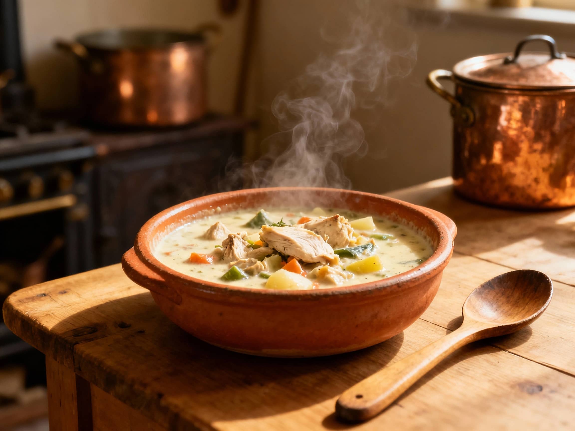 A steaming bowl of Waterzooi, a creamy chicken and vegetable stew, served in rustic earthenware with a wooden spoon resting beside it. The bowl is placed on a simple wooden table, with a soft, natural light illuminating subtle steam rising from the dish. The background shows a hint of a traditional Flemish kitchen, perhaps with antique copper pots. The view is from a slightly elevated angle, emphasizing the richness and texture of the stew.