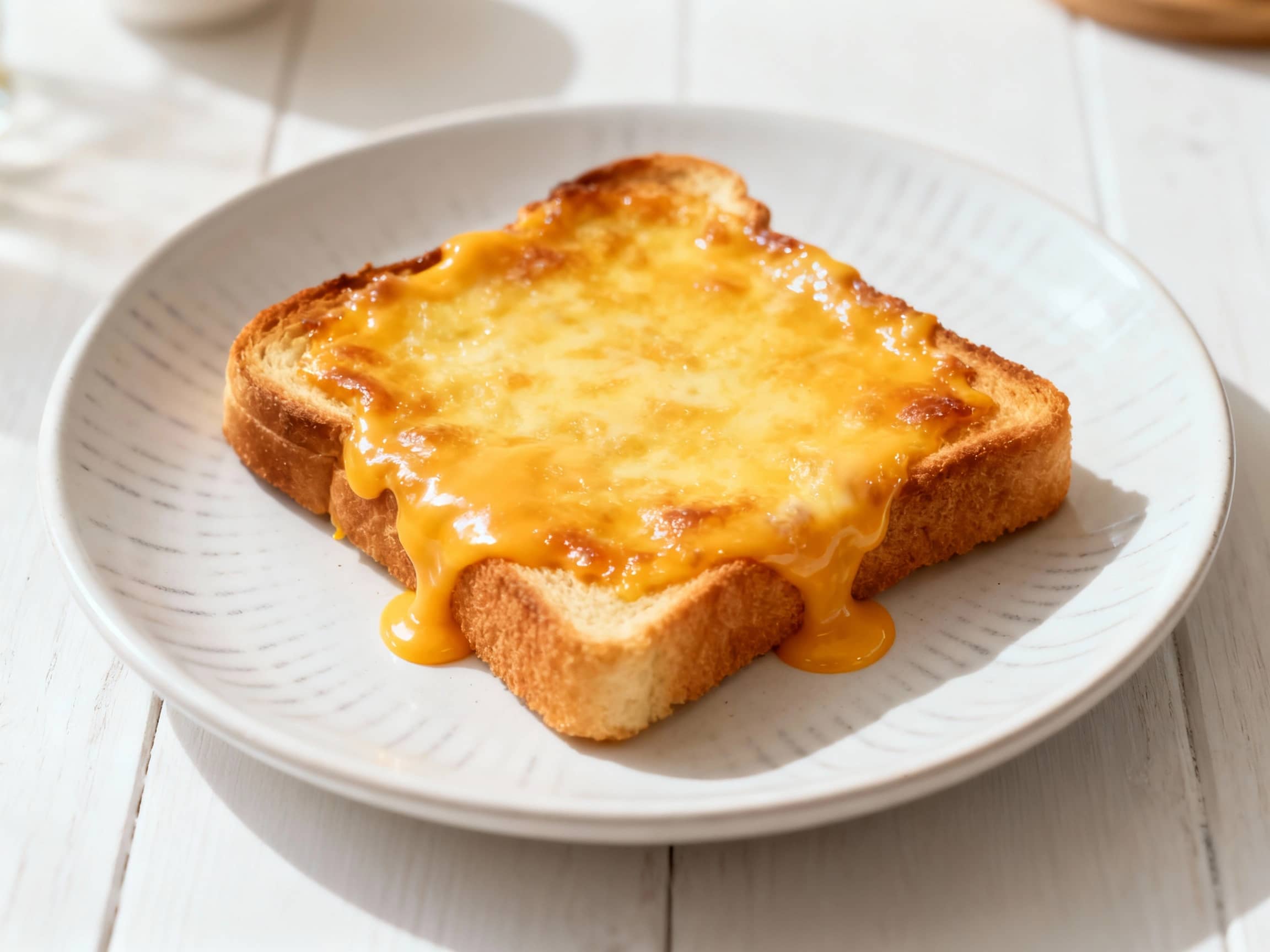 A top-down view of a slice of golden-brown toasted bread generously smothered in a bubbling, rich cheese sauce, forming Welsh Rarebit. A hint of melted cheese drips over the edges. The dish is served on a simple white ceramic plate with a subtle, almost invisible pattern. The background is a clean, light-colored wooden surface, with softly blurred elements suggesting a cozy breakfast nook. The lighting is bright and natural, highlighting the appealing texture and gloss of the cheese.