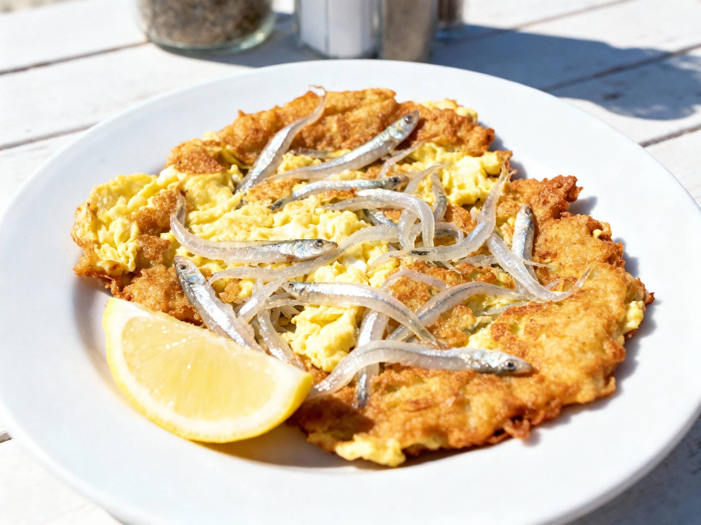 A close-up of a golden-brown whitebait fritter on a simple white plate, garnished with a lemon wedge. The fritter shows visible streaks of the tiny, translucent whitebait interwoven with cooked egg. It is presented in a casual, light-filled dining setting, perhaps a beachside cafe or a sunny kitchen table. The background is slightly blurred, keeping the focus on the dish. The view is a direct overhead shot, showcasing the appetizing texture. The atmosphere is fresh, light, and suggestive of a delicious seasonal catch.