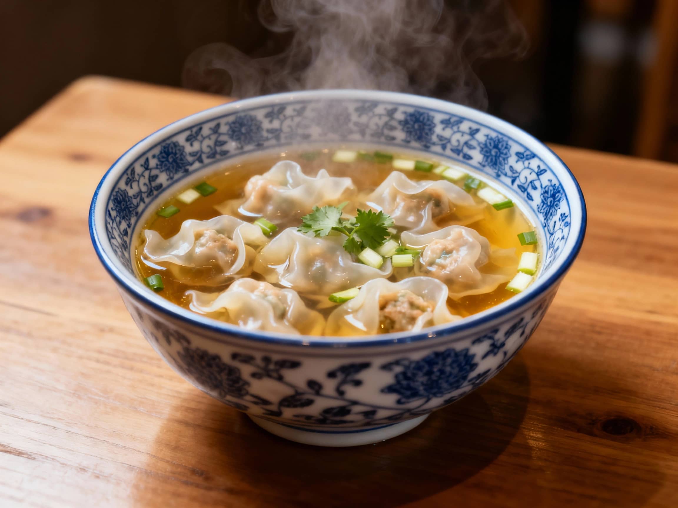 A warm, inviting close-up of a steaming bowl of Cantonese Wonton Soup. Several plump, translucent wontons with visible filling are nestled in a clear, golden broth. Finely chopped scallions and a hint of cilantro float on top. The soup is served in a classic blue and white porcelain bowl placed on a simple wooden table. Soft, diffused overhead lighting accentuates the steam rising from the soup, creating a comforting and homey atmosphere. The focus is on the texture of the wontons and the clarity of the broth.
