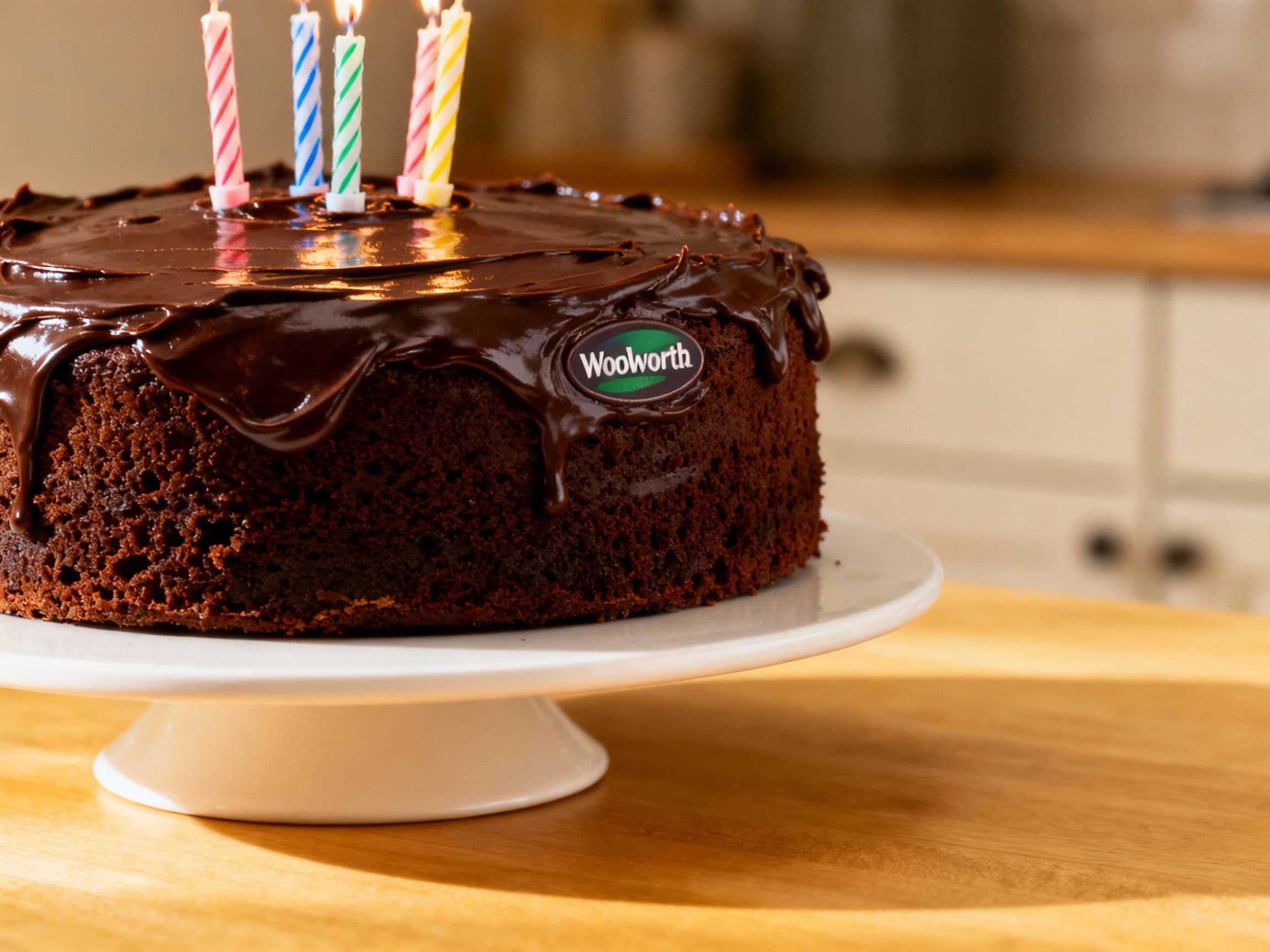 A slightly angled, close-up shot of a whole Woolworths Mudcake, glistening with dark chocolate fudge icing, sitting on a simple white cake stand. A few colourful birthday candles are unlit on top. The cake is presented in a domestic kitchen setting, perhaps with a blurry background of kitchen cabinets. Soft, diffused lighting highlights the rich texture of the icing and the dense nature of the cake. The focus is sharp on the cake itself, exuding deliciousness and celebration.