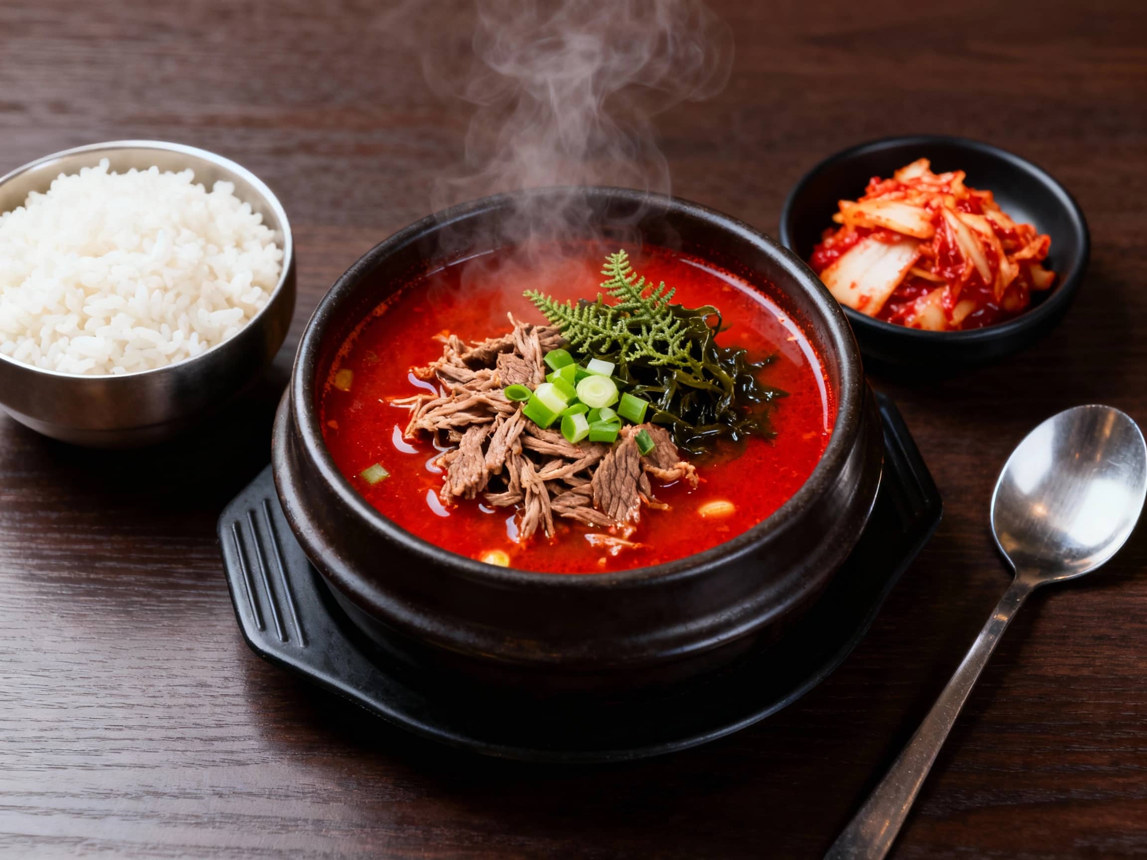 A steaming bowl of vibrant red Yukgaejang, brimming with shredded beef, fernbrake, and green onions. It is placed on a dark wooden table alongside a bowl of white rice, kimchi, and a metal spoon. The scene is illuminated by soft, overhead light, highlighting the rich colors and the inviting steam rising from the hot soup.