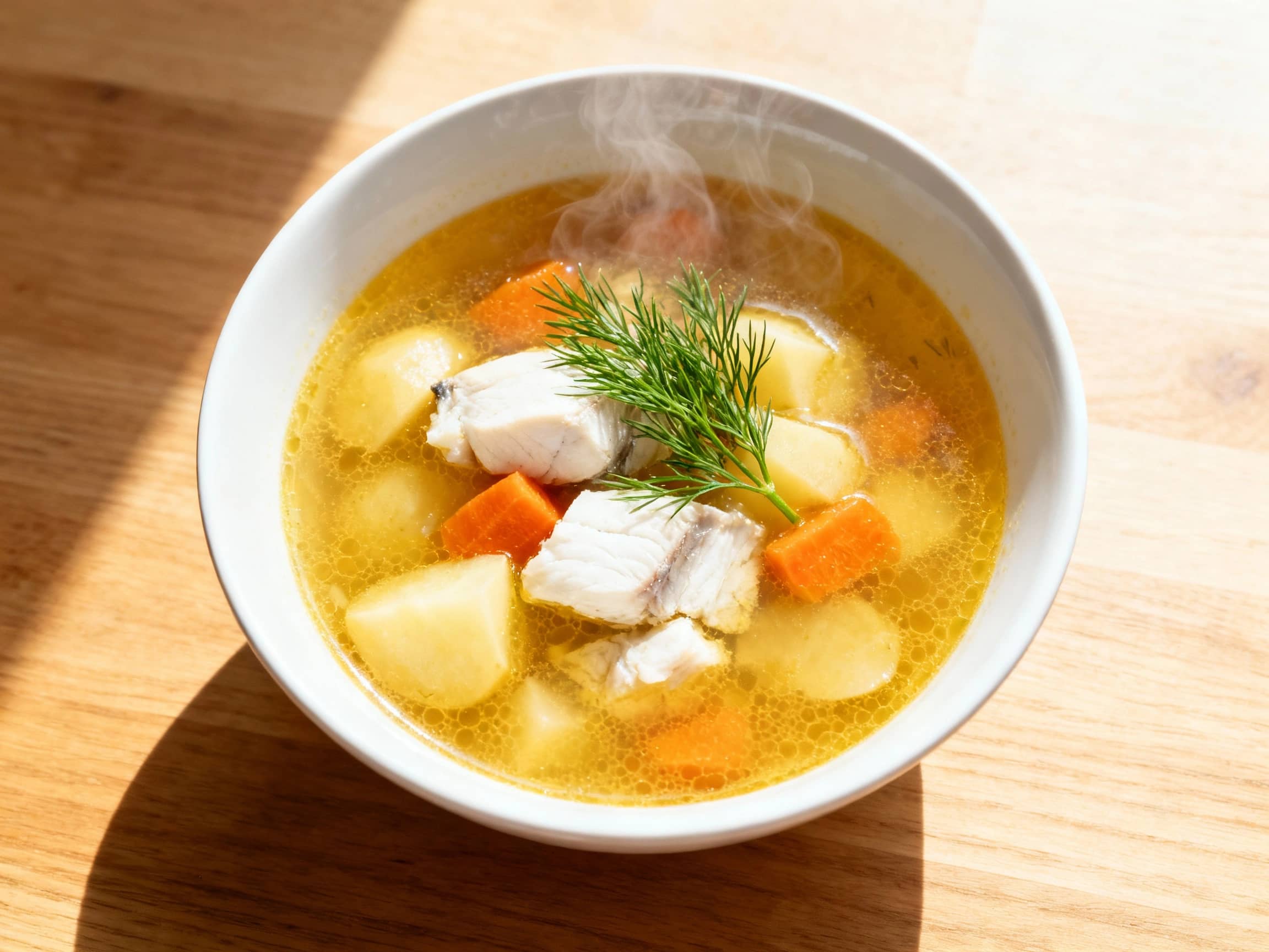 A clear, golden Yushka served in a simple white ceramic bowl, with visible chunks of white fish, potatoes, and carrots, garnished with fresh green dill, steam gently rising, minimalist wooden table backdrop, bright natural light, top-down perspective.