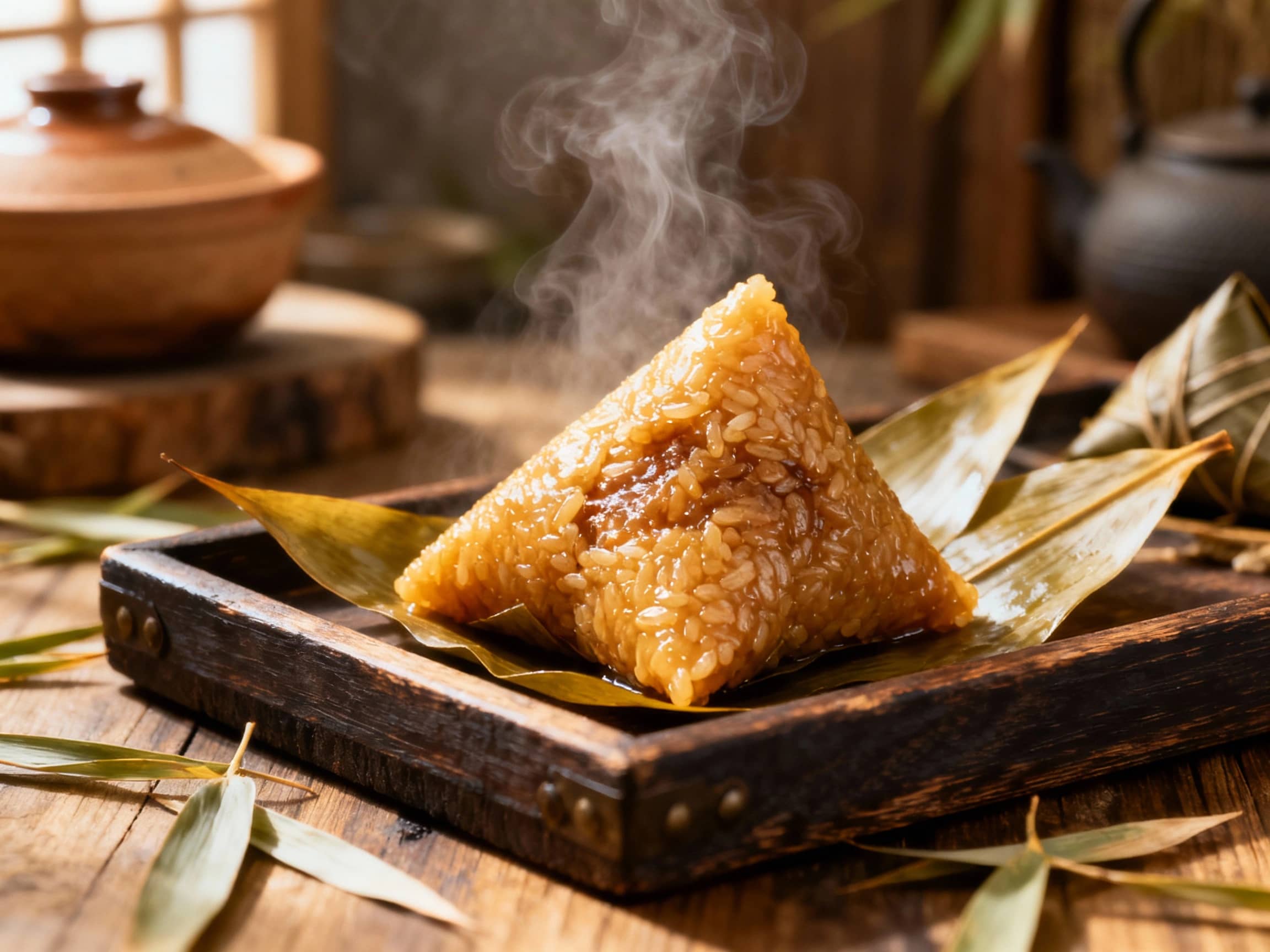 A close-up, eye-level view of several freshly steamed Zhongzi, unwrapped to reveal their sticky glutinous rice filling. They are presented on a rustic, dark wooden tray, with a few fallen bamboo leaves scattered around. Natural, soft morning light illuminates the scene, creating a warm and inviting atmosphere. Some steam gently rises from the dumplings. The background is subtly blurred, hinting at a traditional Chinese kitchen setting with earthenware pots and natural wood elements.