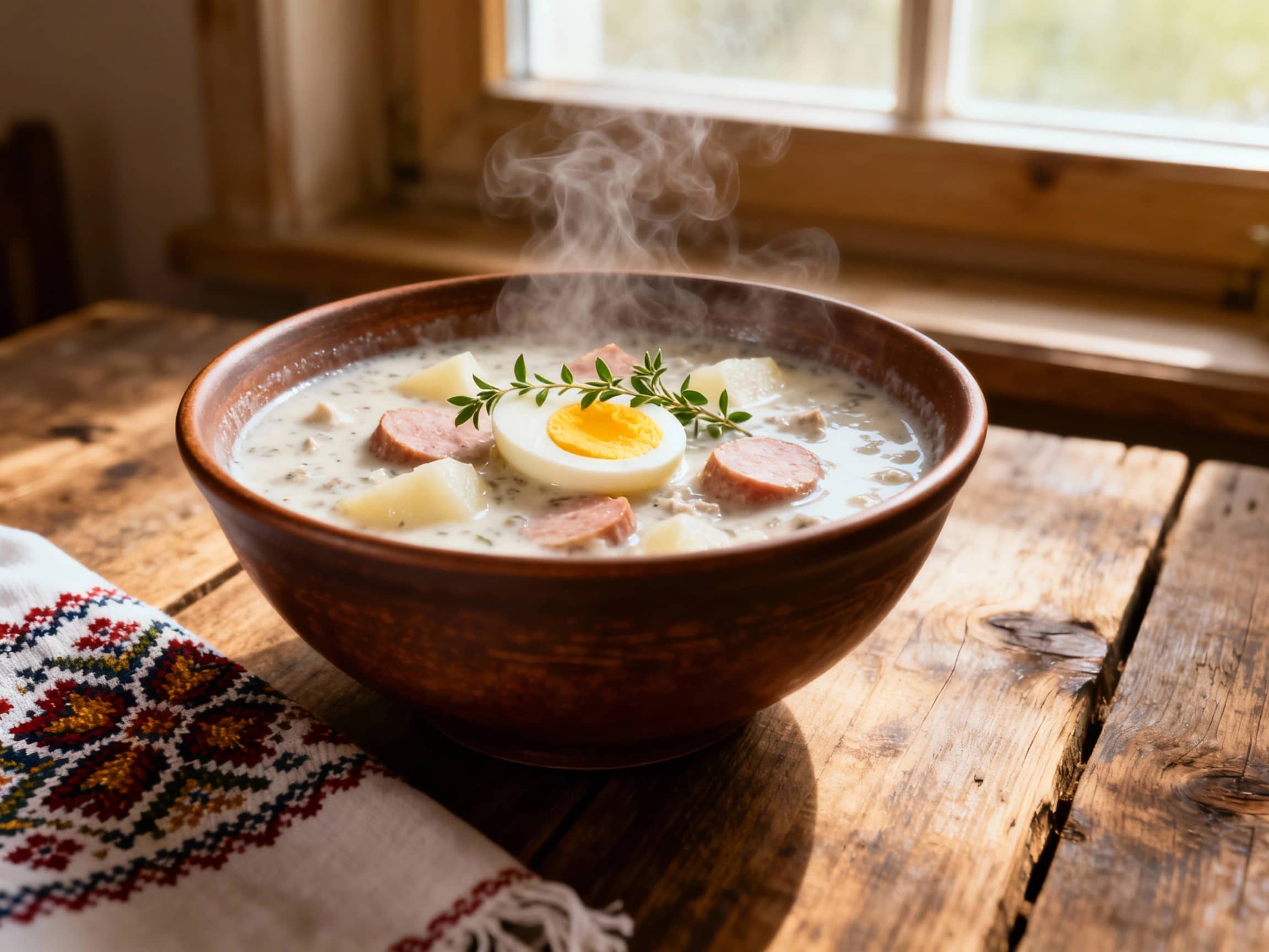 A deep bowl of steaming Żurek, a creamy white soup with visible pieces of white kielbasa and potato. A perfectly halved hard-boiled egg floats on top, garnished with fresh marjoram. The bowl rests on a rustic wooden table, with a traditional Polish embroidered cloth partially visible. Soft, diffused window light illuminates the scene. Slightly elevated angle.