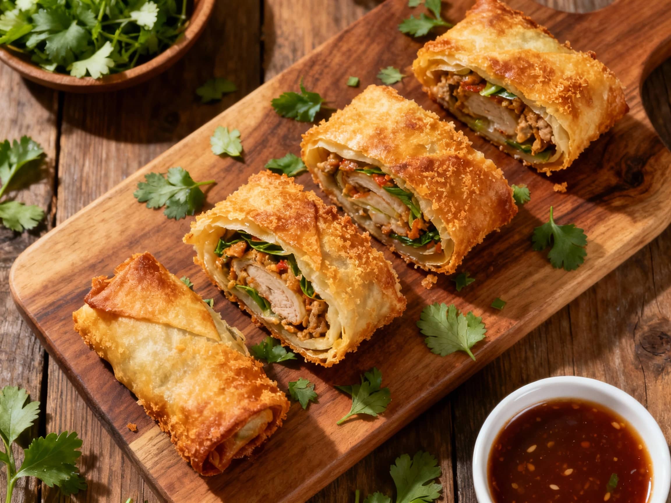Golden-brown, crispy baked Chiko rolls are arranged in a rustic wooden bowl, garnished with fresh parsley and served with a side of soy dipping sauce.