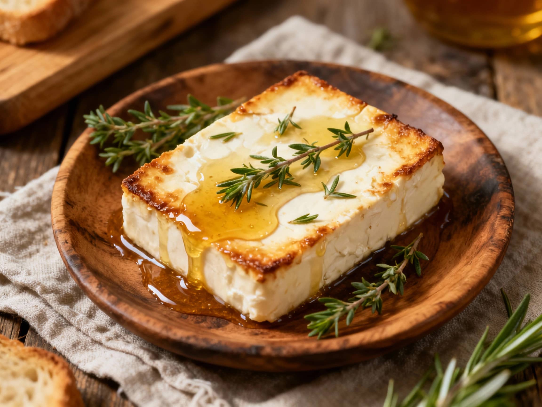 A warm rectangular block of baked feta cheese sits on a textured wooden board. It's generously drizzled with golden honey, which glistens under soft light. Fresh green thyme sprigs are scattered attractively over the cheese, adding a pop of color. Beside the feta, several slices of lightly toasted baguette are neatly fanned out, ready for dipping. The overall scene conveys a comforting and elegant