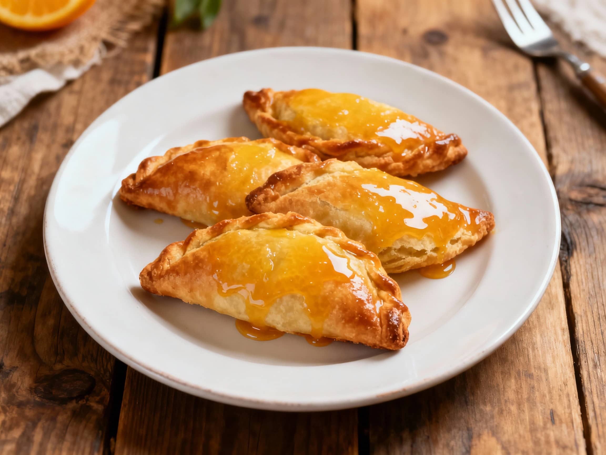 Golden-brown baked imqaret, a traditional Maltese date-filled pastry, are neatly arranged on a white plate and drizzled with a glistening citrus glaze, catching the warm light.
