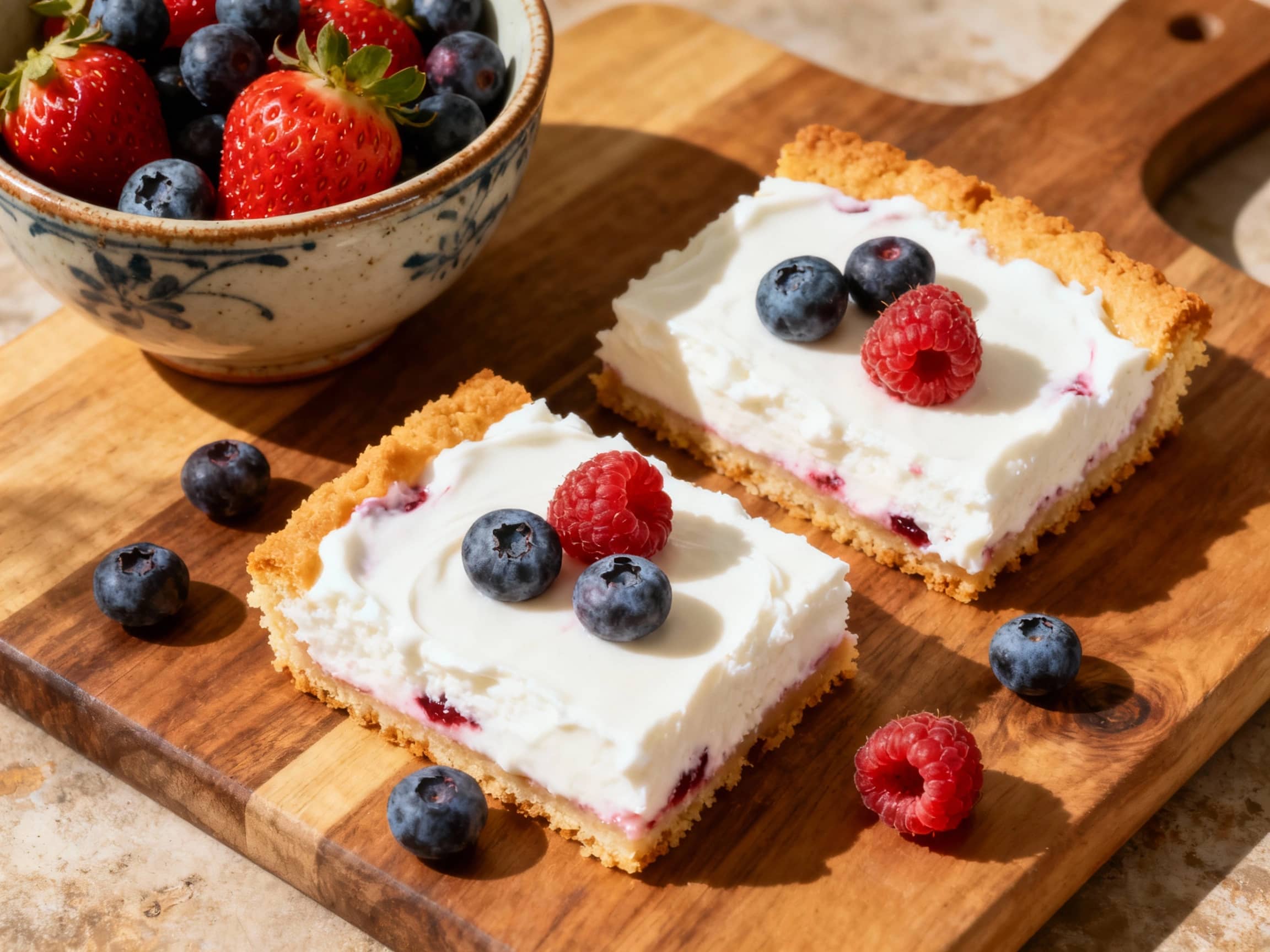 Bright purple berry frozen yogurt bars are artfully arranged on a white plate, topped with fresh berries and a sprig of mint, ready to be enjoyed on a sunny day.