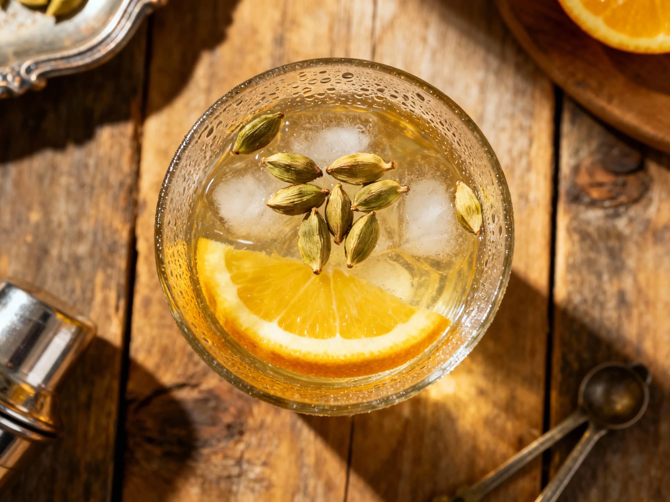 A clear glass bottle filled with golden, aromatic gin infused with cardamom pods and citrus peels, ready for a refreshing cocktail.