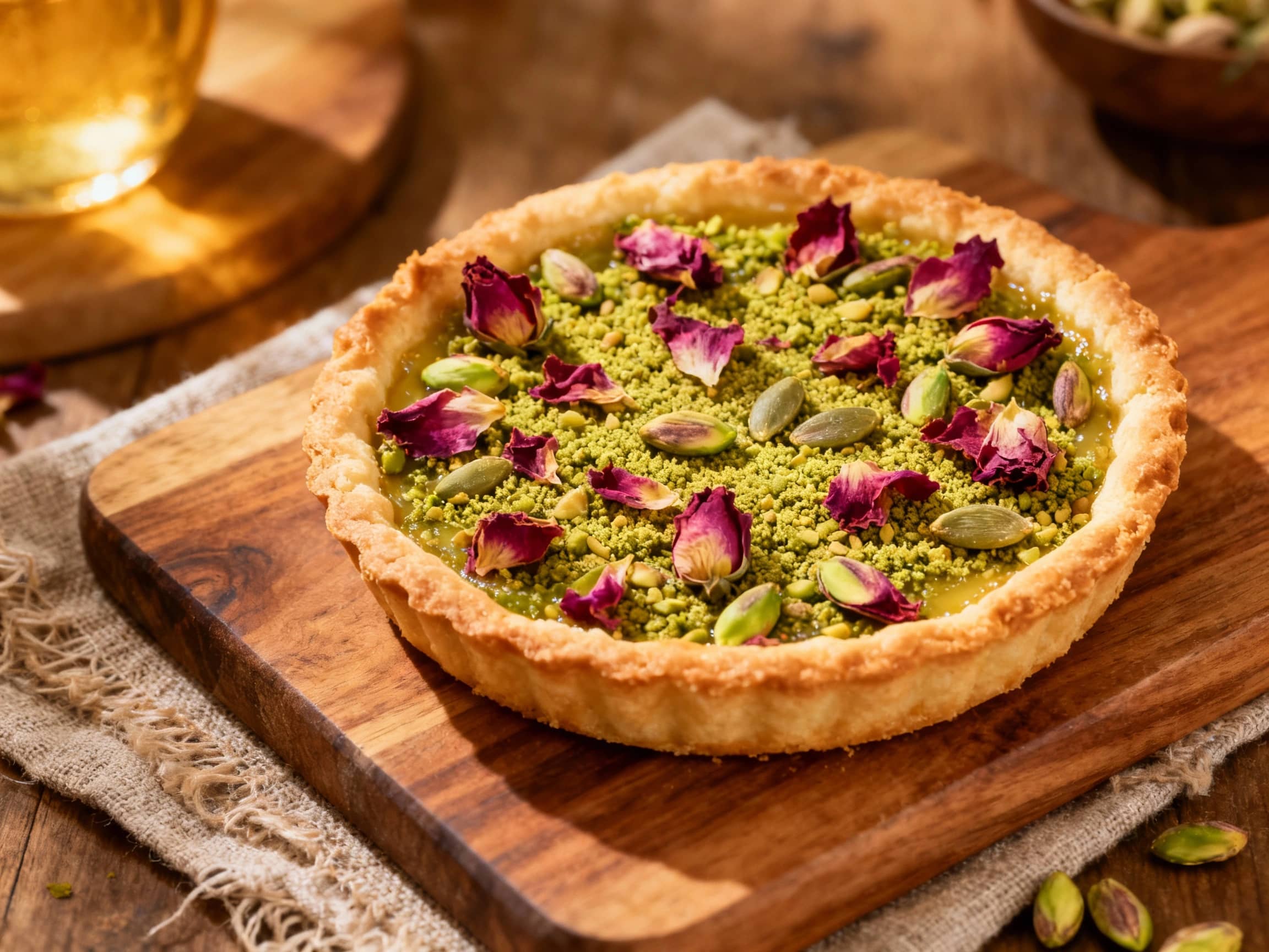 A stunning close-up of a single slice of Cardamom Pistachio Rose Tart on a plain white plate. The tart has a golden, crimped crust and a vibrant green, creamy pistachio custard filling. It's elegantly garnished with a sprinkle of crushed pistachios and delicate pink dried rose petals, showcasing the rich textures and appealing colors of the dessert. The presentation is simple yet sophisticated, hi