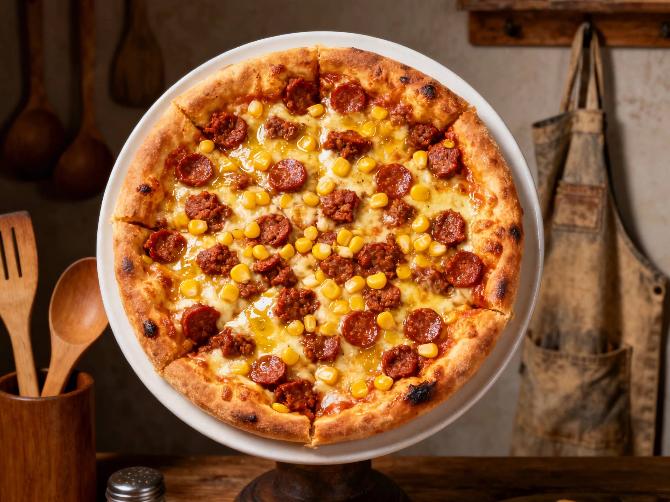 A round Chicago deep dish pizza, fresh from the oven, presented on a rustic wooden cutting board. The deep, golden crust stands tall around a generous, bubbly filling of melted white and yellow cheeses. Bits of spicy, reddish-brown chorizo sausage are scattered among bright yellow corn kernels, visible through the cheesy topping. A bright green salsa verde is drizzled over the top, adding a fresh,