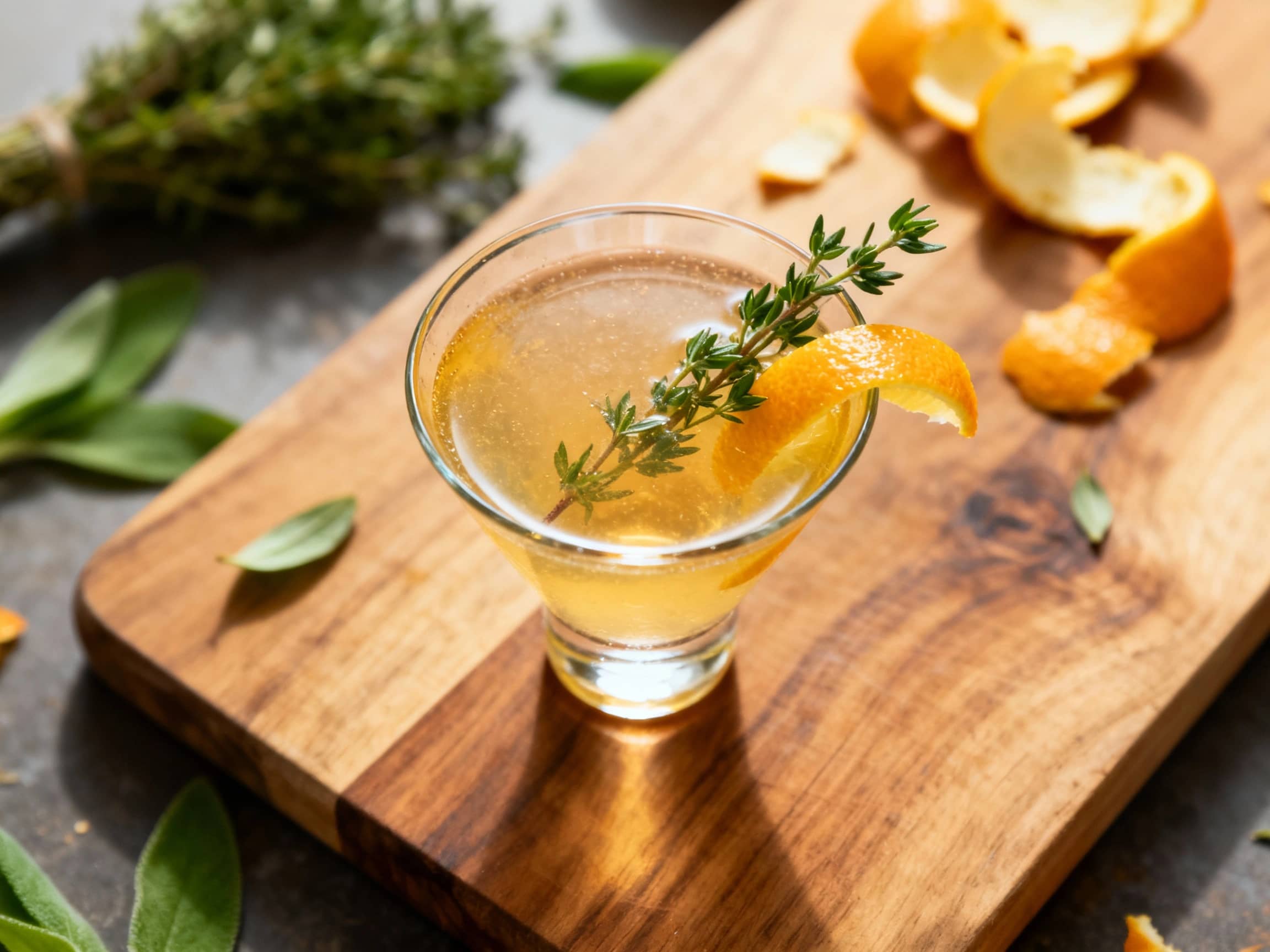 A sophisticated Citrus Herb Martini Shot in a chilled shot glass, adorned with a fragrant sprig of fresh rosemary and a delicate lemon twist. The pale yellow-green liquid glistens, hinting at its refreshing taste. The backdrop is an elegantly blurred dark bar counter, creating an upscale and inviting atmosphere, perfect for a refined cocktail experience.