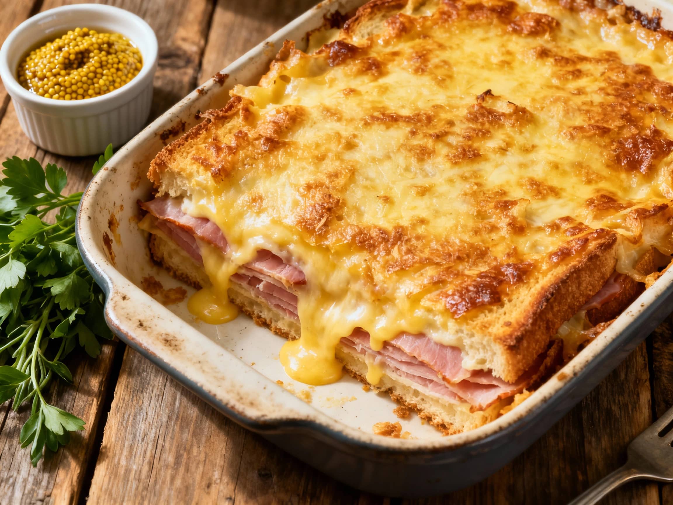 A golden-brown baked Croque Monsieur casserole topped with melted Gruyère cheese, glistening and ready to be served on a rustic wooden board, creating a cozy and inviting culinary scene.