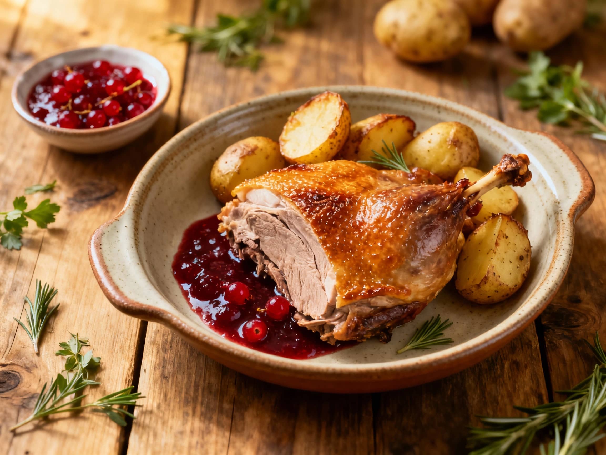 Golden-brown, crispy duck leg confit sits bathed in warm light on a rustic wooden board, garnished with fresh rosemary and a sprinkle of sea salt.
