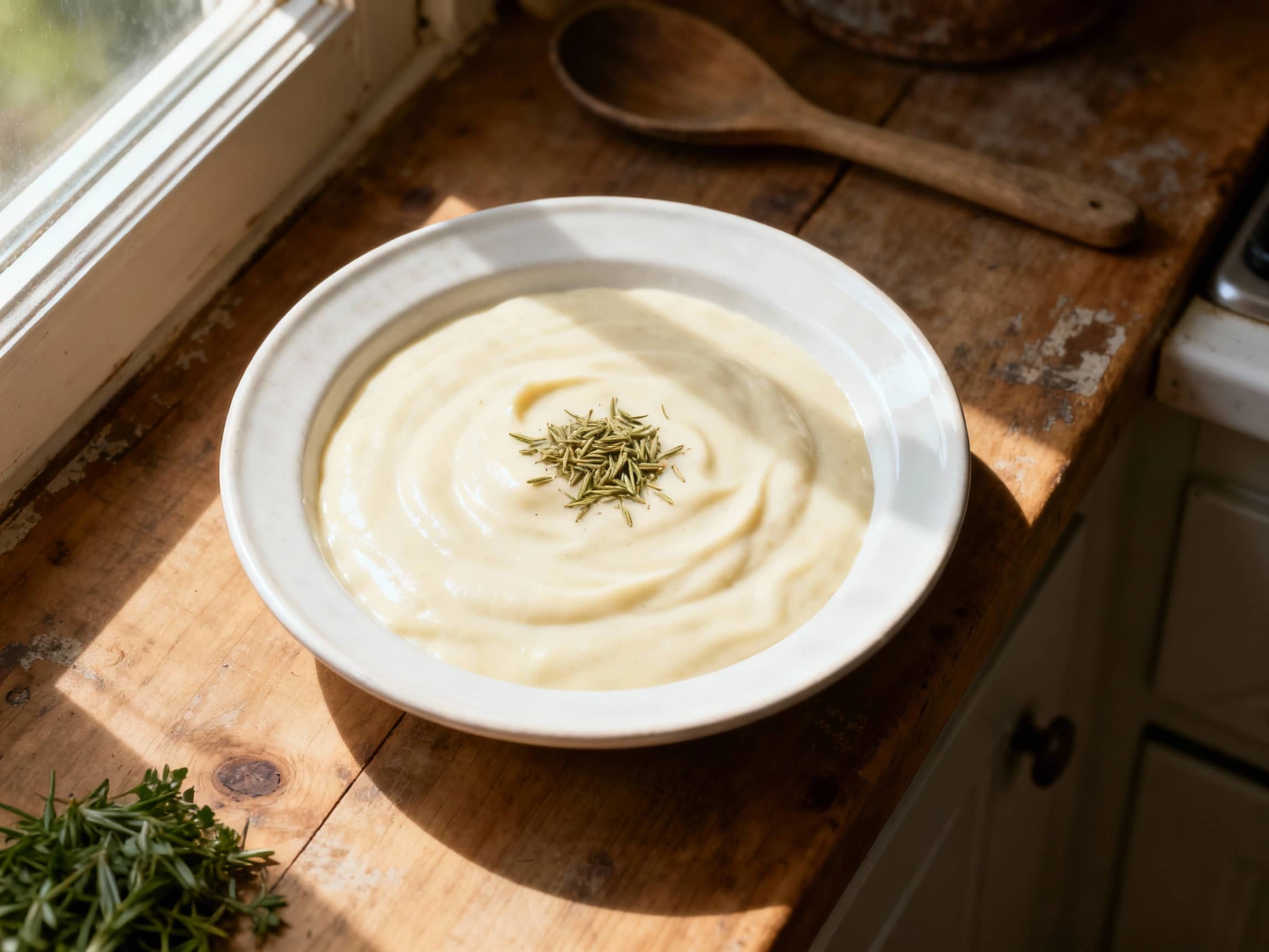A creamy, pale yellow Béchamel sauce is gently simmering in a saucepan, ready to be a rich base for a comforting pasta dish.