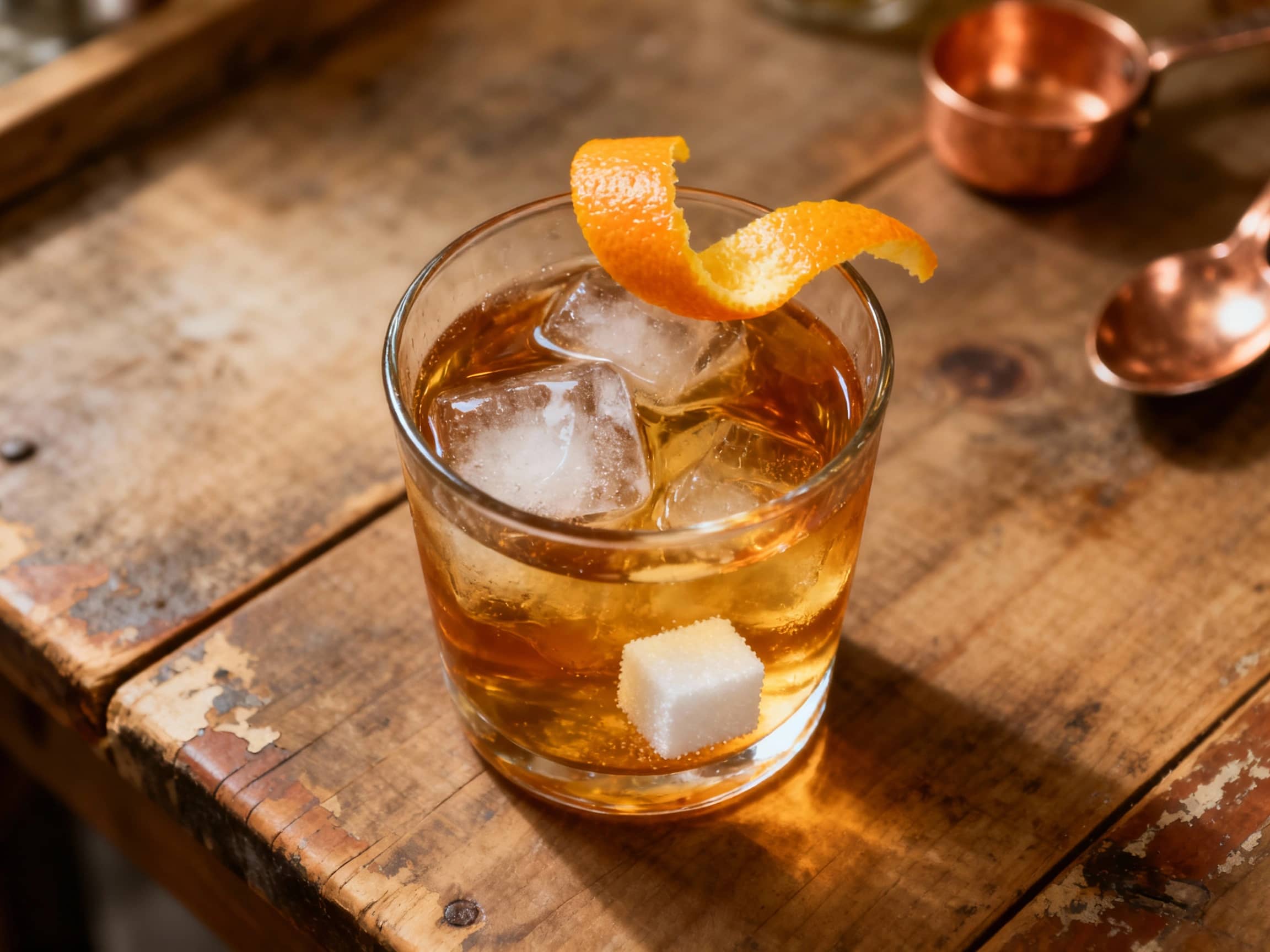 A classic Old Fashioned cocktail rests in a rocks glass, featuring amber whiskey, a sugar cube, and bitters, garnished with an orange peel and a maraschino cherry, looking refreshing in warm light.