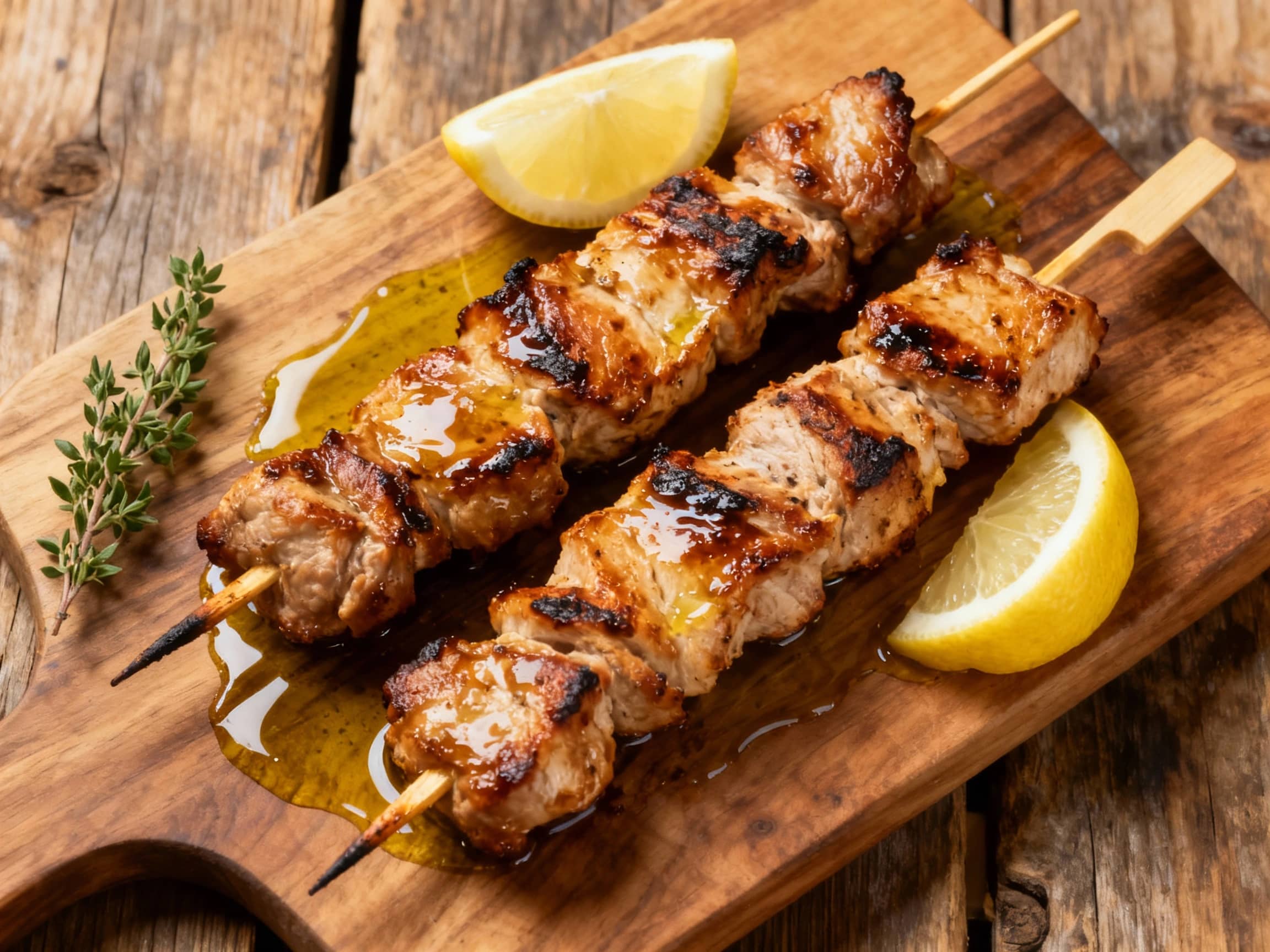 Golden-brown pork souvlaki skewers, glistening with olive oil, rest on a white plate with a scattering of fresh parsley and lemon wedges, bathed in warm, inviting light.