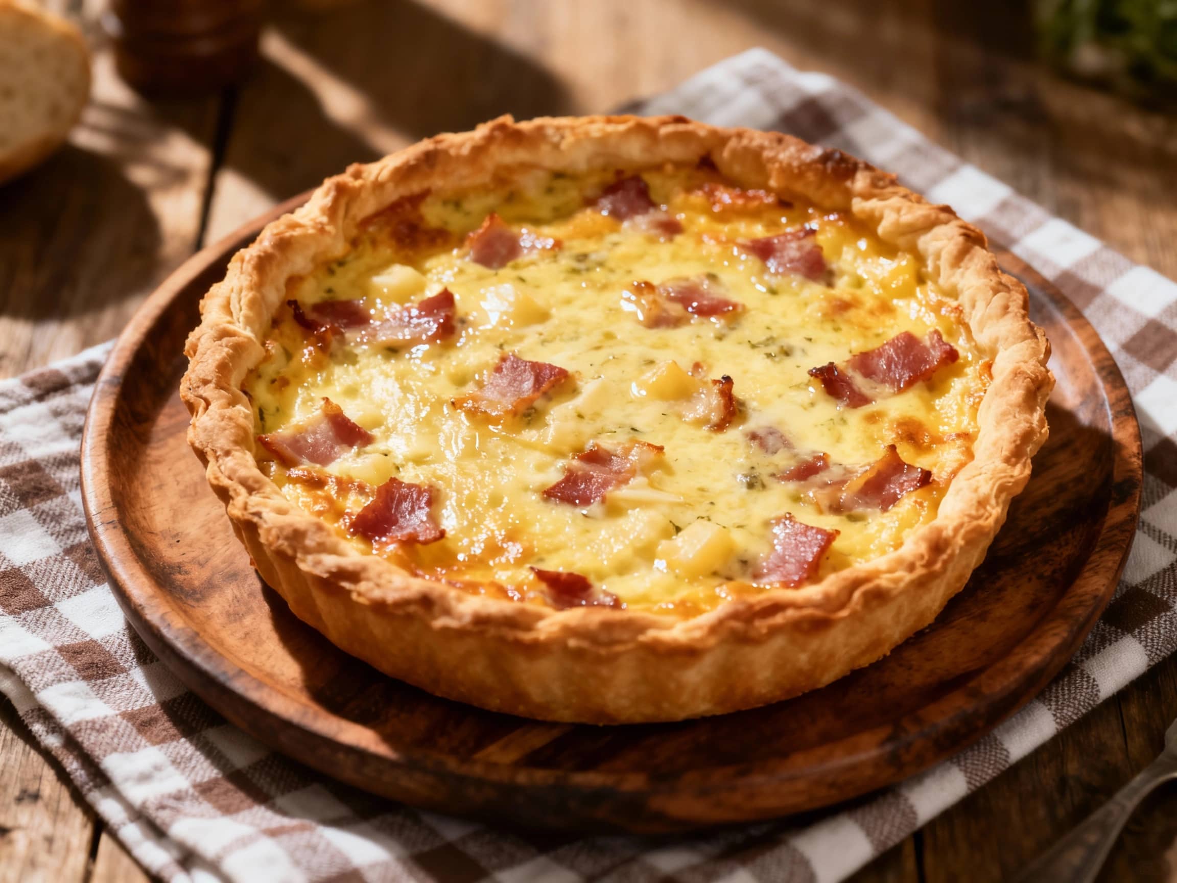 A golden-brown Quiche Lorraine tart sits invitingly on a rustic wooden board, its flaky crust cradling a rich, creamy filling studded with savory bacon and cheese, perfectly baked.