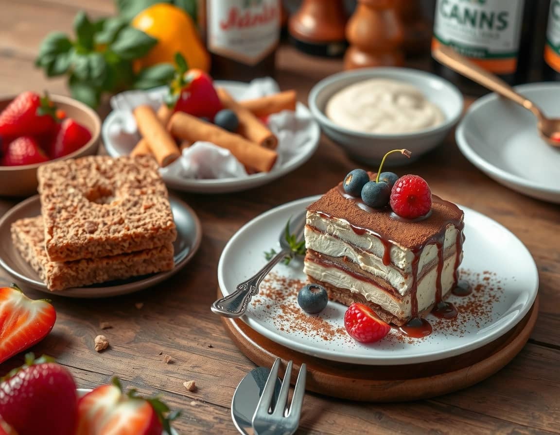 A classic tiramisu sits in a glass dish, dusted with cocoa powder and topped with delicate chocolate shavings, ready to be enjoyed.