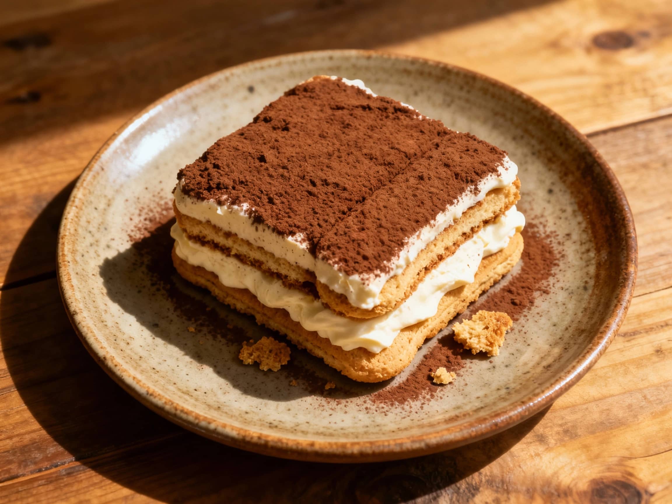 A decadent, perfectly layered classic tiramisu is artfully presented, with creamy mascarpone filling peeking through coffee-soaked ladyfingers, dusted generously with cocoa powder.