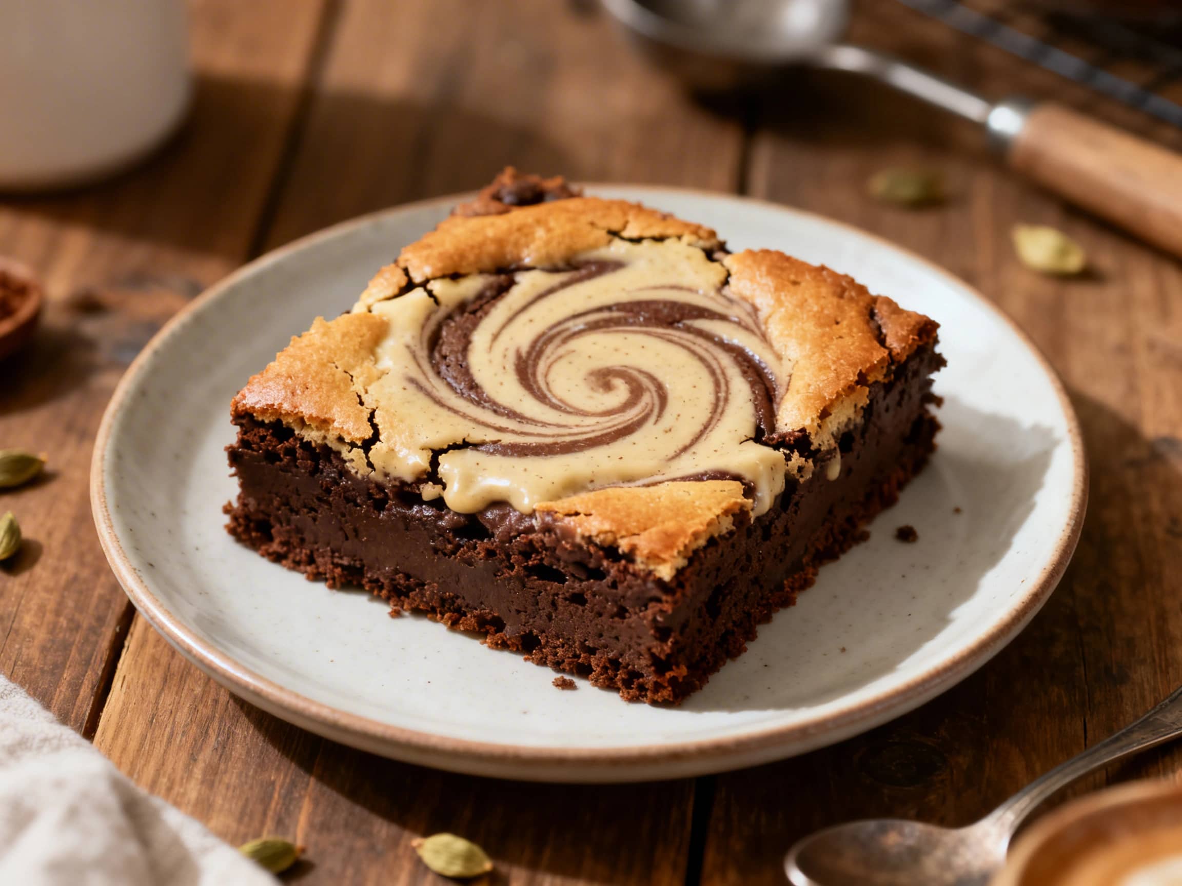 A close-up of dark chocolate brownies with a visible swirl of cardamom and coffee, meticulously cut into squares and displayed on a natural wooden board. The brownies have a rich, fudgy appearance with a crackled top, and whole coffee beans are artfully scattered around them. The photograph highlights the intricate details of the swirled pattern and the decadent texture of the dessert, inviting vi