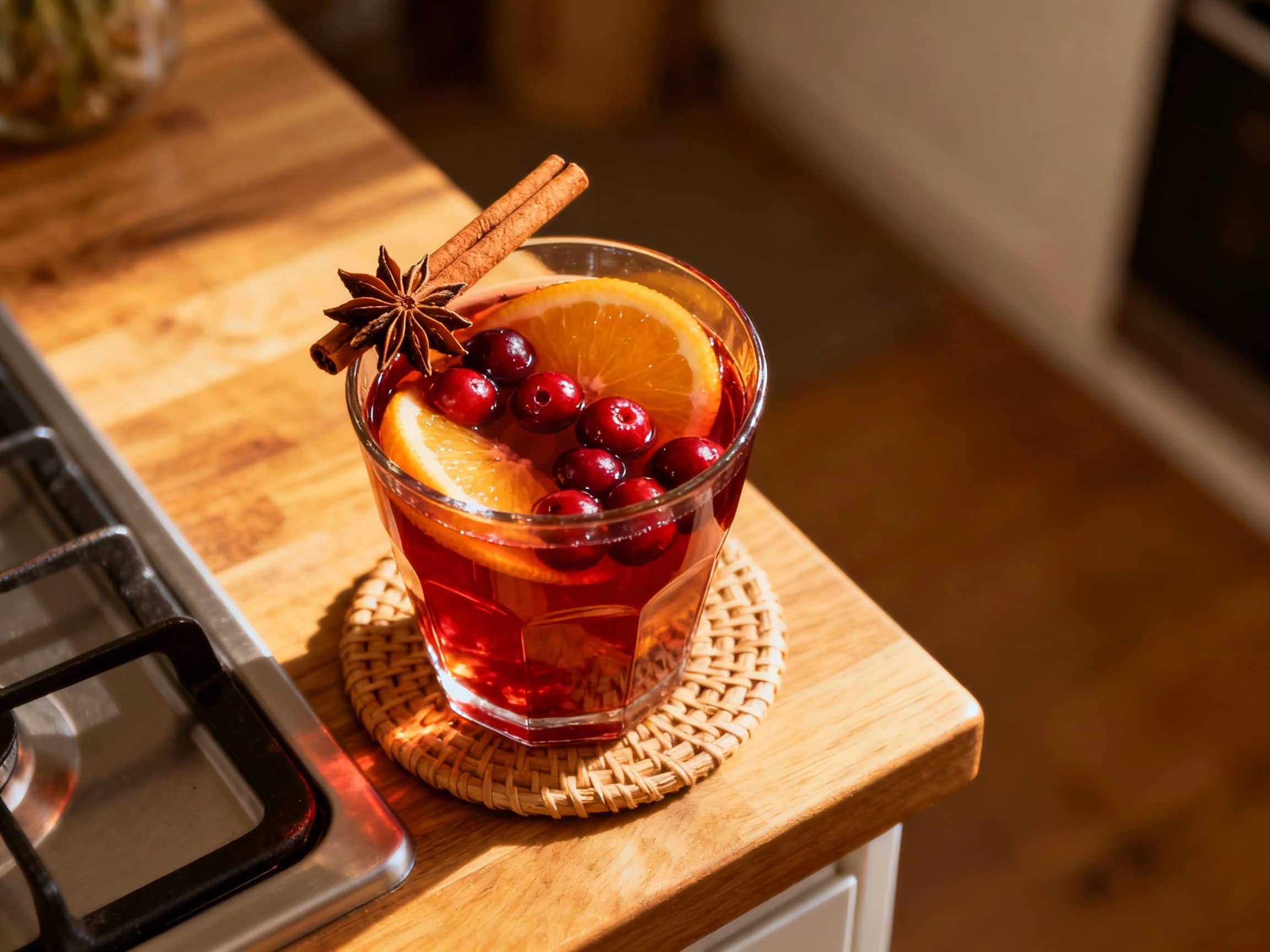A deep ruby mulled wine punch bubbles gently in a clear glass bowl, garnished with fresh cranberries and orange slices, creating a warm and inviting holiday centerpiece.