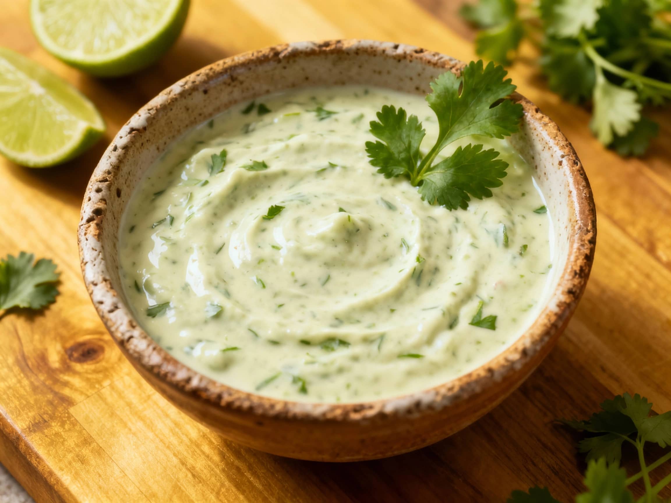 A vibrant green creamy lime cilantro dressing is drizzled over a salad, glistening under bright lighting and garnished with fresh cilantro leaves.