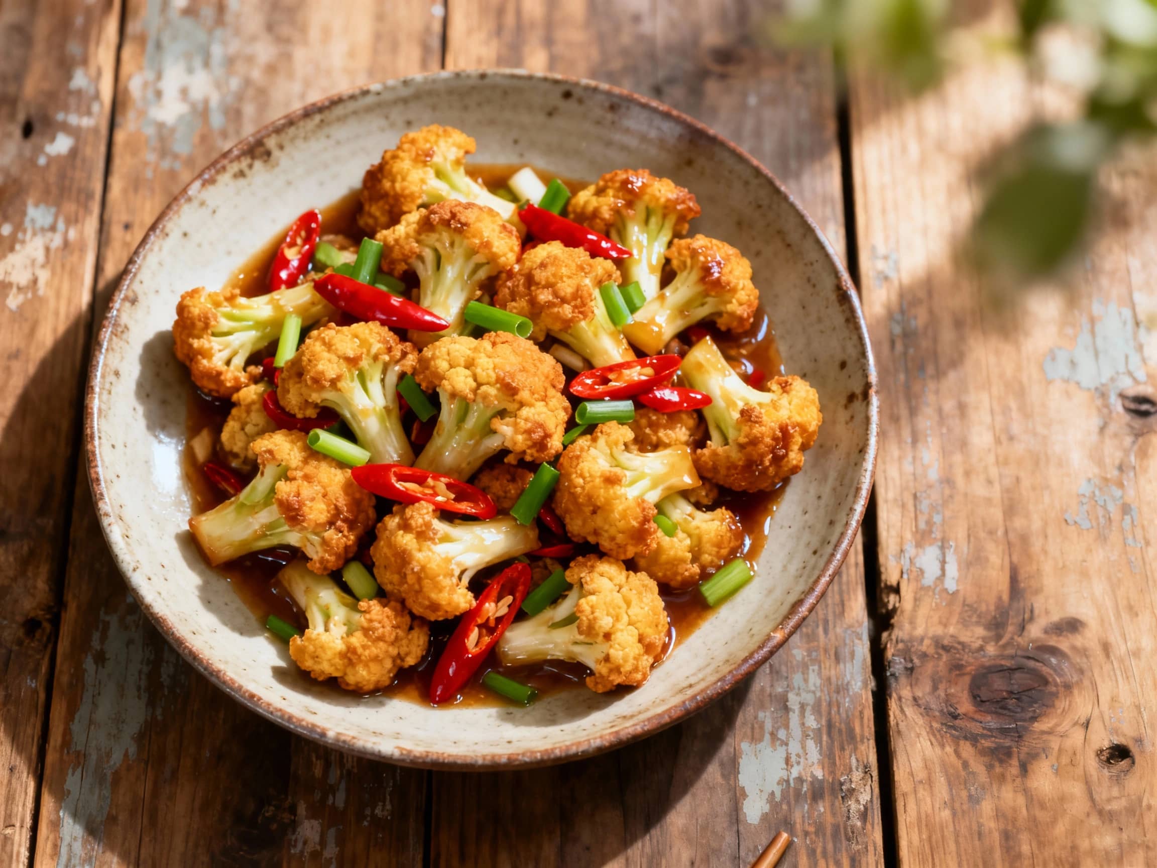 Golden-brown, crispy cauliflower florets tossed in a glossy, spicy Kung Pao sauce are artfully arranged on a modern white plate, garnished with fresh green scallions and toasted sesame seeds.