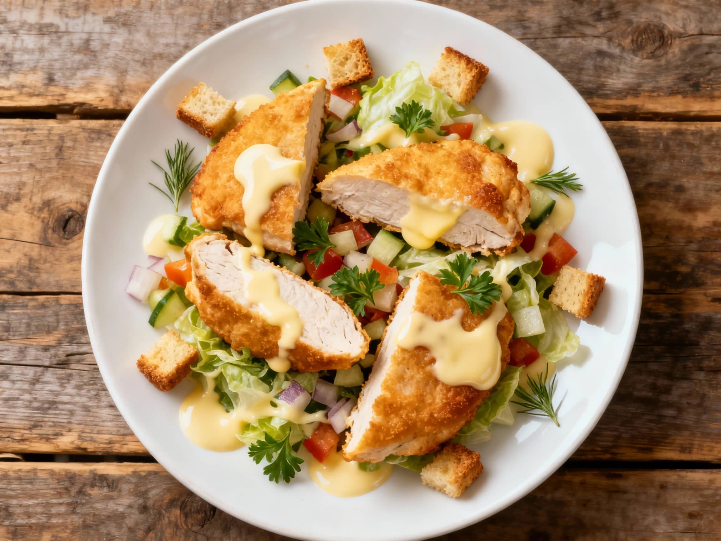 A vibrant deconstructed Chicken Kyiv salad is artfully arranged on a white plate, showcasing golden-brown chicken pieces, creamy mashed potatoes, and fresh greens dotted with vibrant herbs.