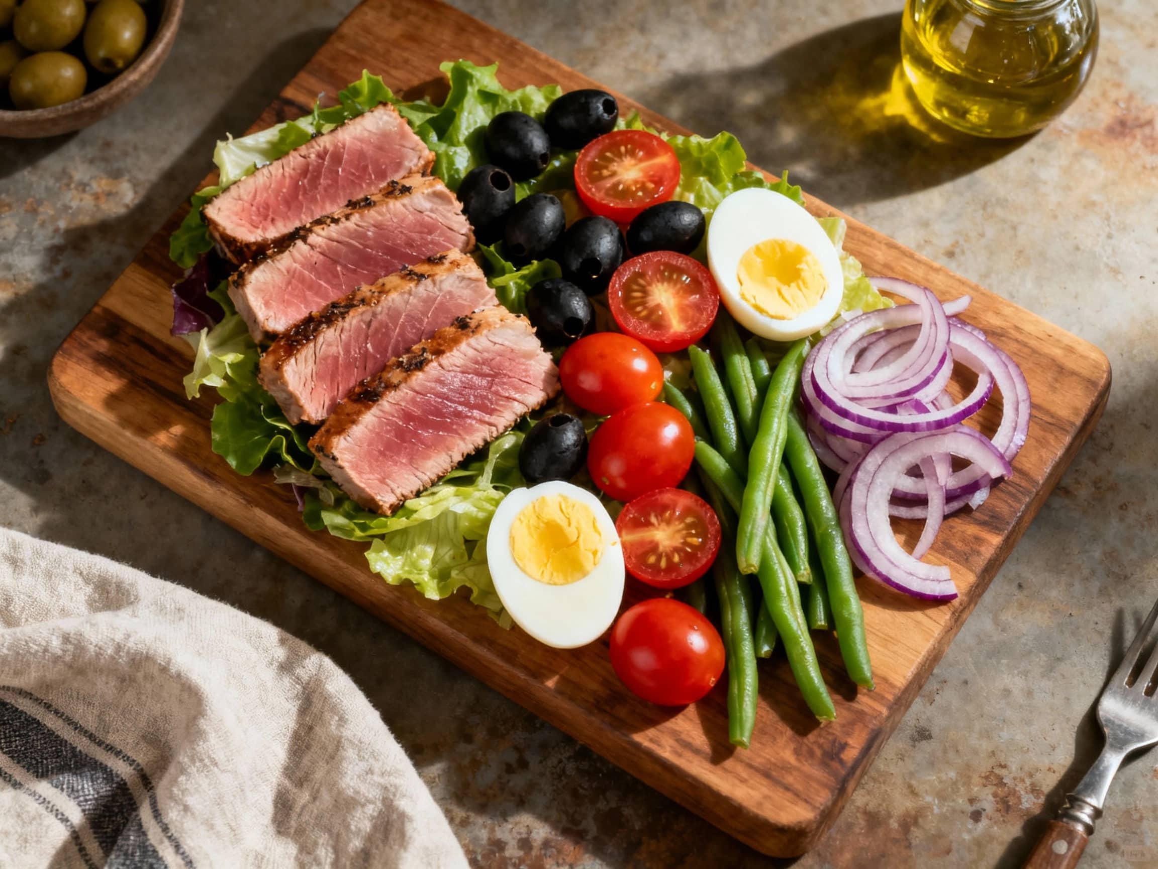 A vibrant, deconstructed Niçoise salad artfully arranged on a slate platter, featuring perfectly seared tuna, a crown of blanched green beans, halved cherry tomatoes, and olives, all centered around a runny yolk egg.