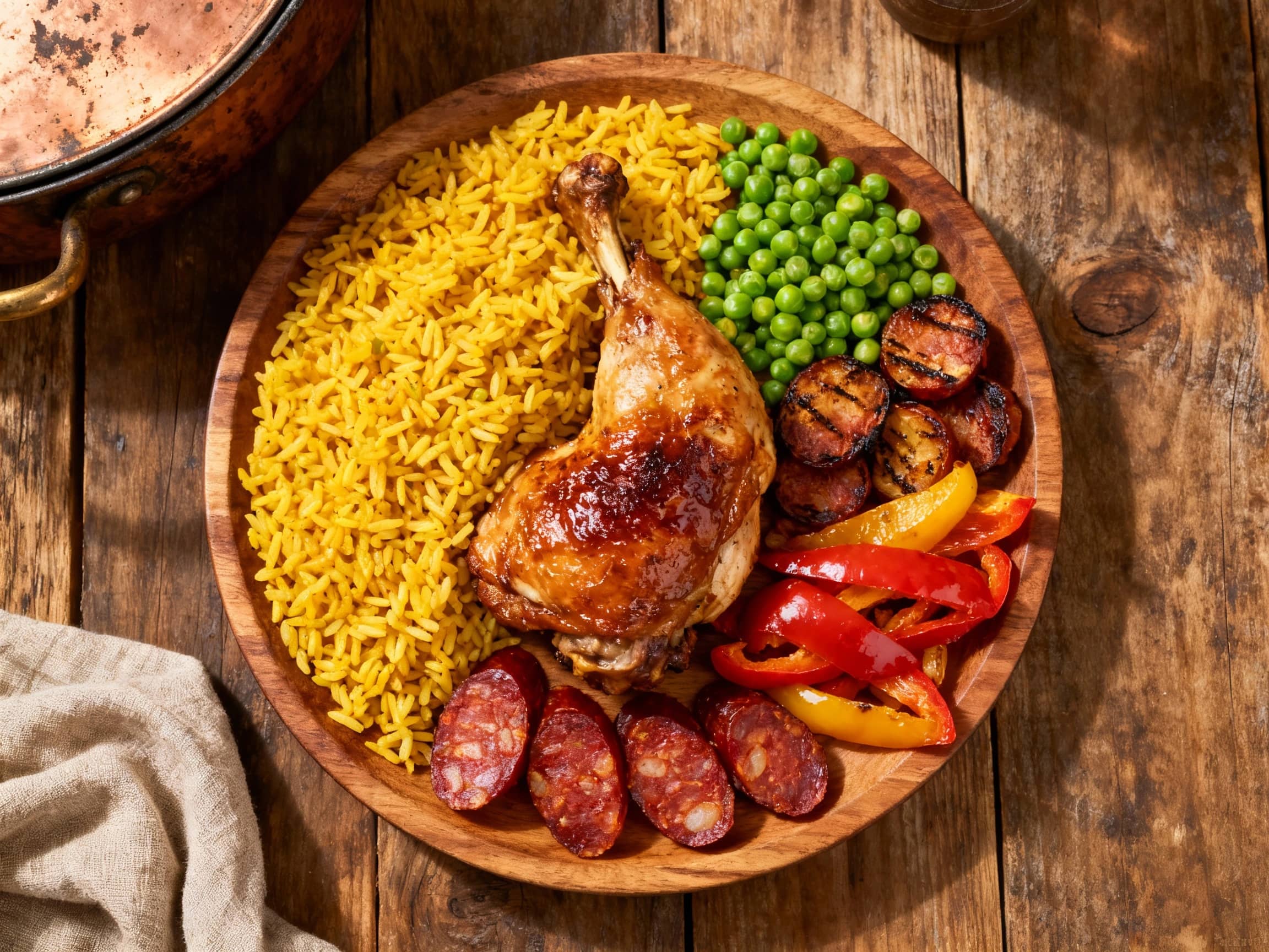 A vibrant, deconstructed paella platter showcases saffron rice, tender shrimp, mussels, and chorizo arranged artfully on a rustic wooden board, ready to be enjoyed.